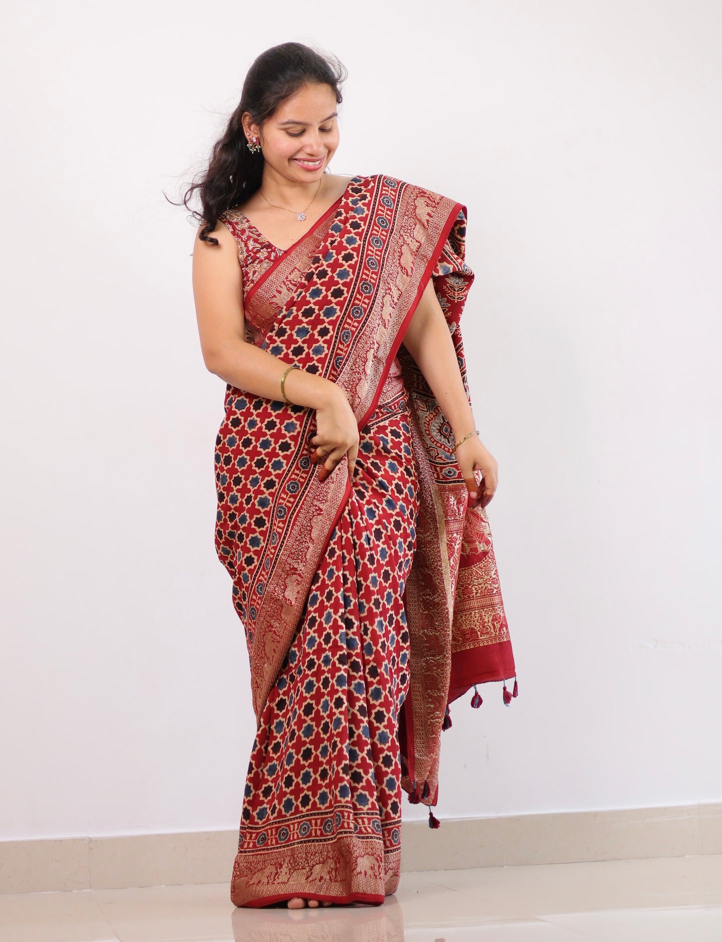 Ajrakh Dola Silk Saree