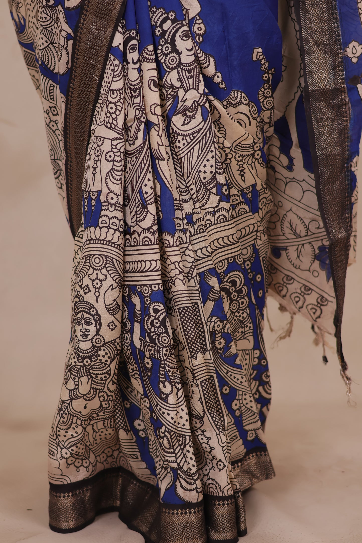 Ink Blue Story Telling Kalamkari Nizam Border Chennur Silk Saree | Looms & Tassels