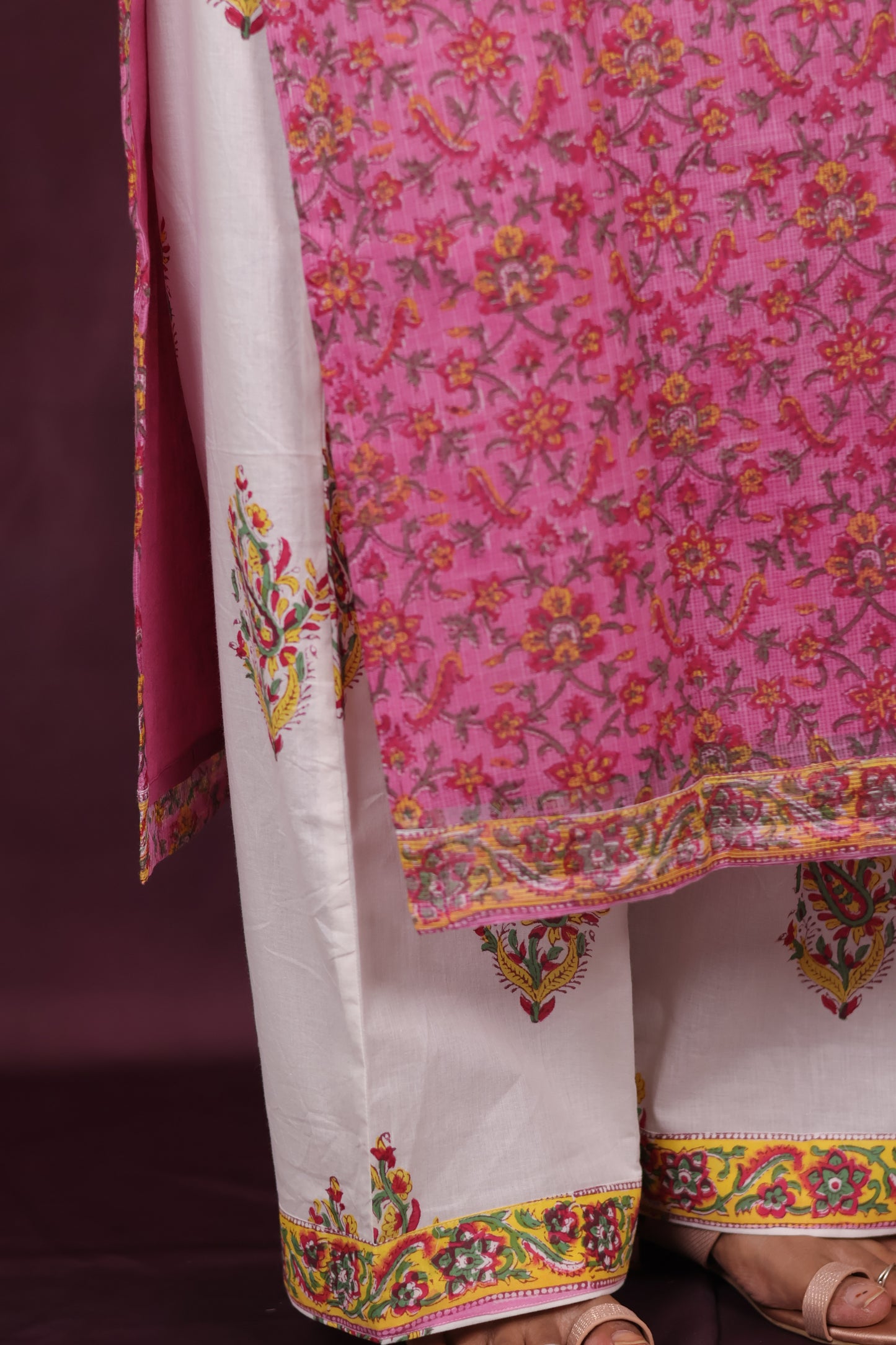 Pink Handblock printed kota 3 piece suit (stitched)