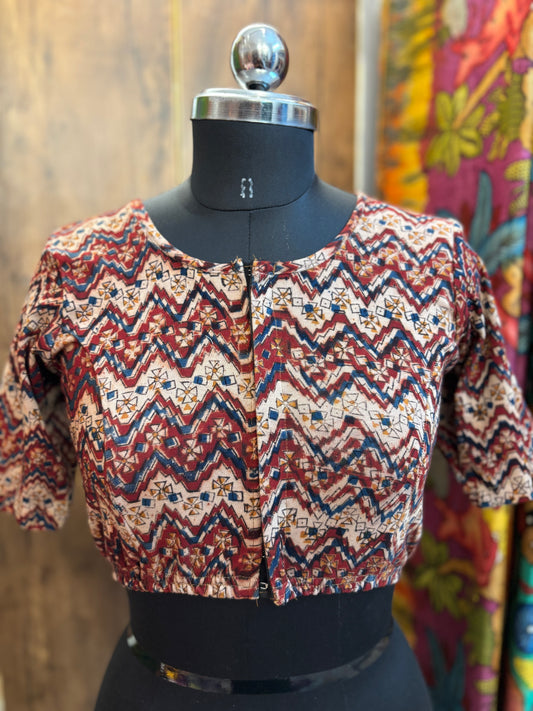 Round neck Stretchable Hand block printed kalamkari blouse with front hooks