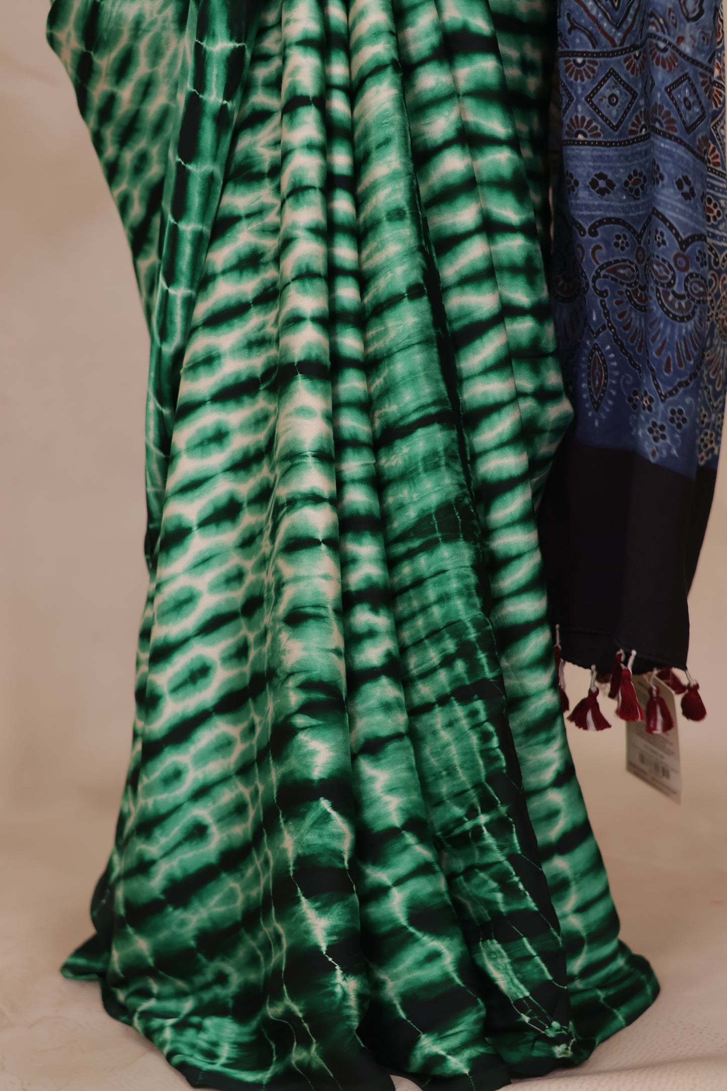 Tie & Dye Ajrakh Handblock Printed Modal Silk Saree | Looms & Tassels