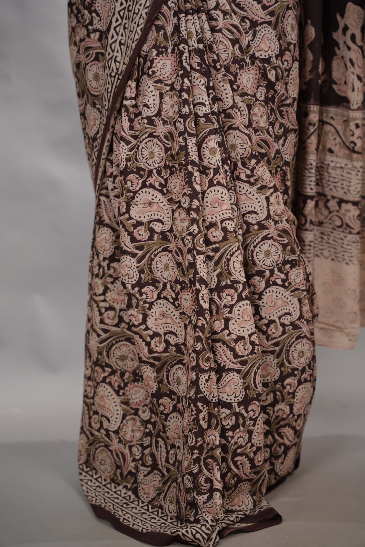 Dark Maroon Hand Block Printed Kalamkari Cotton Saree | Looms & Tassels