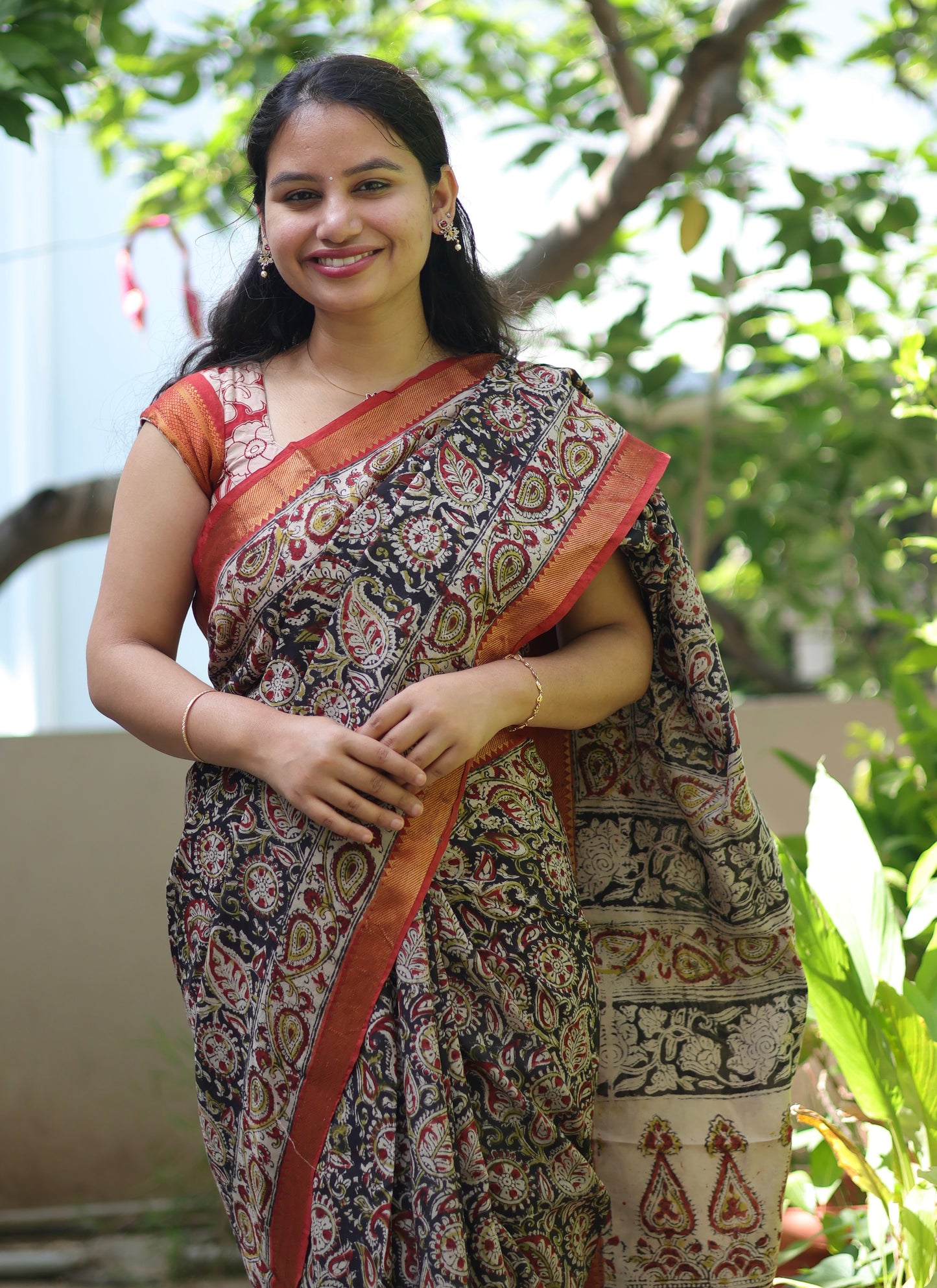 Black Hand Block Printed Kalamkari Nizam Border Silk Sare