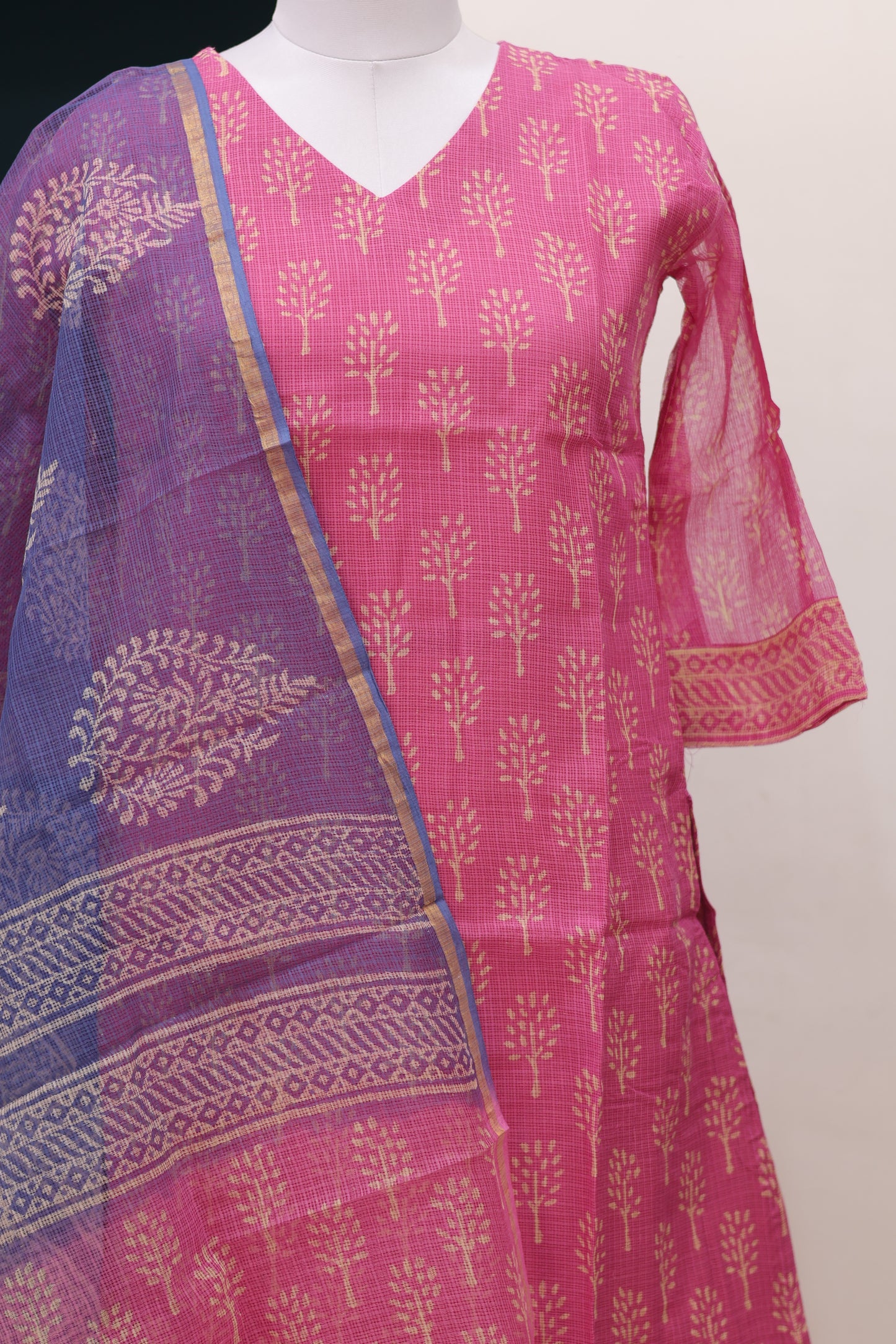 Pink Handblock printed kota 3 piece suit (stitched)