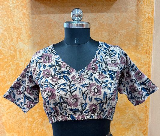 V neck Stretchable Hand block printed kalamkari blouse