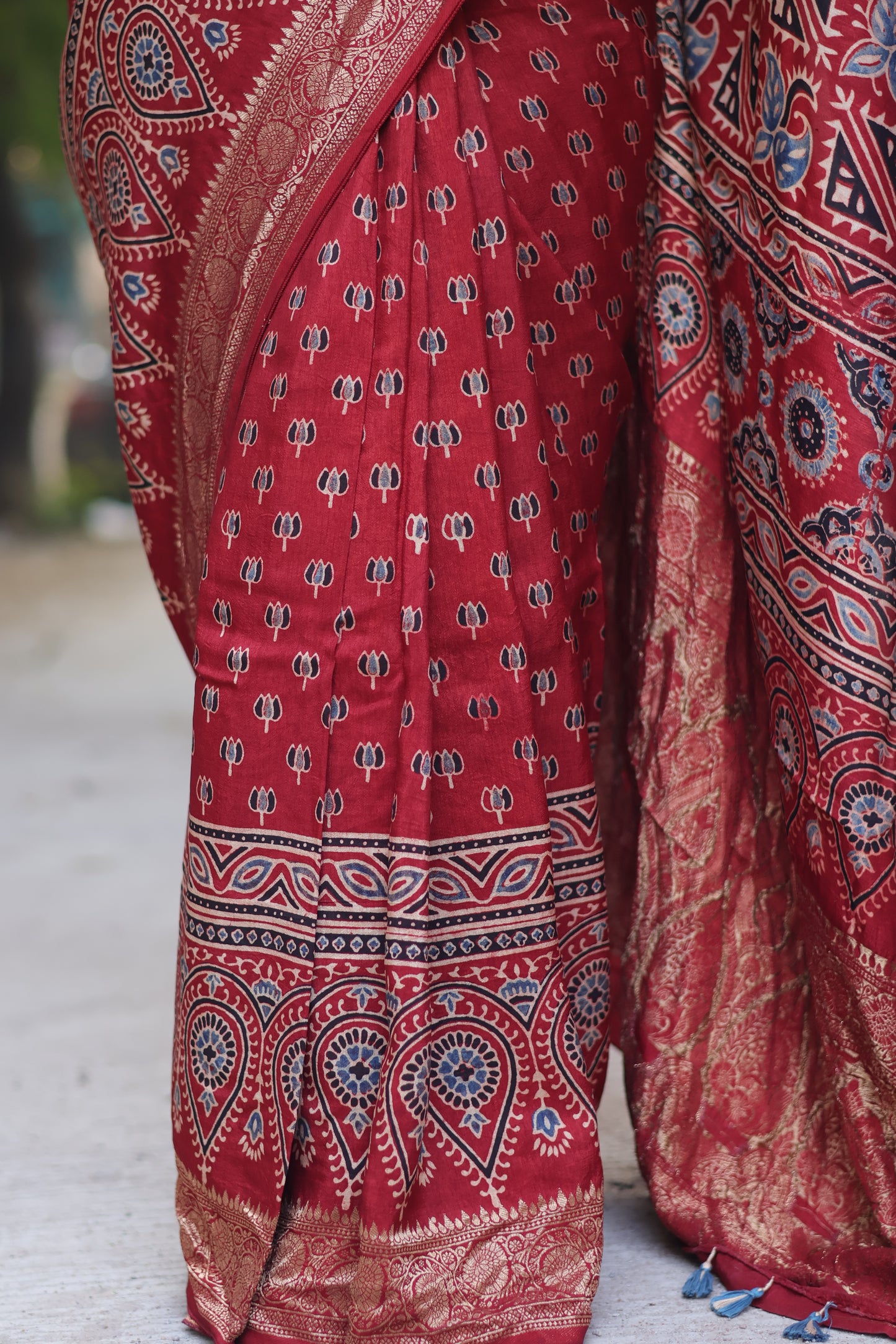 Lotus Ajrakh Handblock Printed Dola Silk Saree