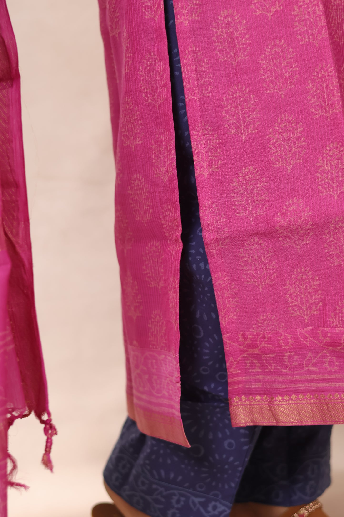 Pink & Blue Handblock printed Pure Maheswari Silk 3 piece suit (stitched)