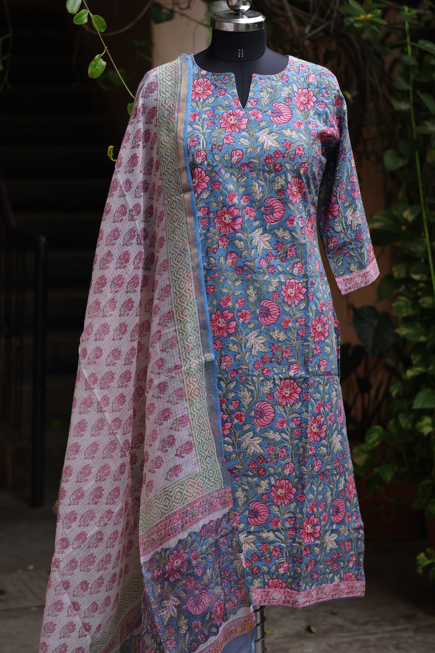 Blue Handblock printed Pure Mul Cotton with Kota Doria Duppata 3 piece suit (stitched)