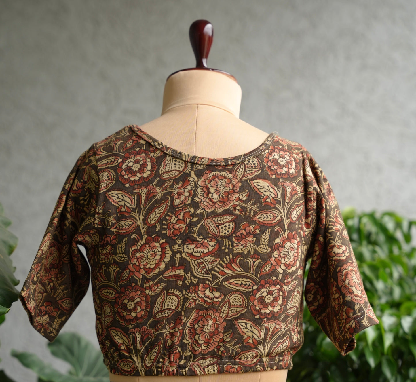 Olive Green Neck Stretchable Hand block printed kalamkari blouse