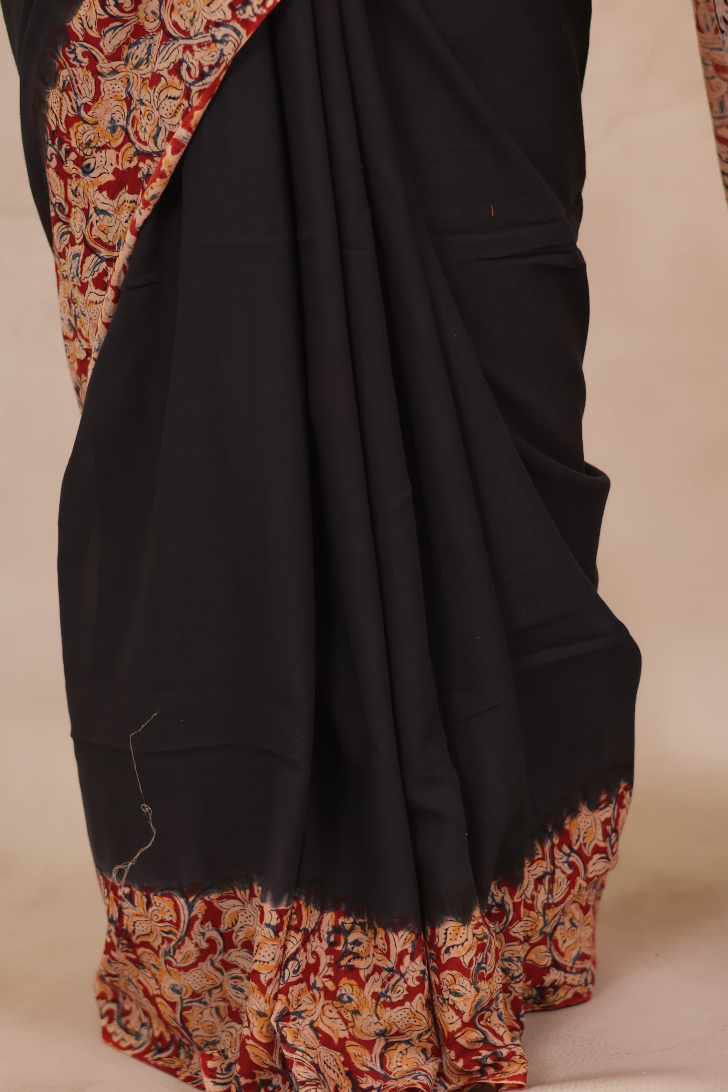 Black Hand Block Printed Kalamkari Cotton Saree | Looms & Tassels