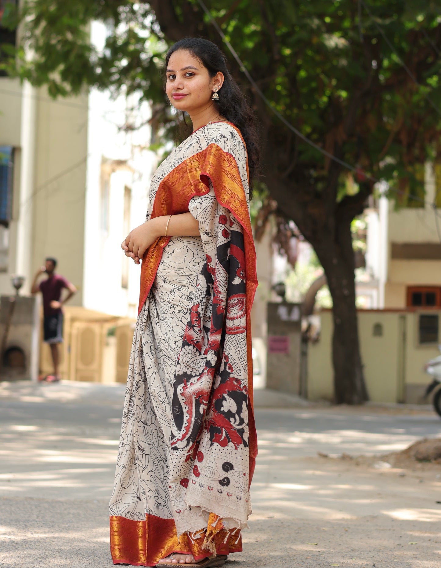 Kanchi Border Outline Kalamkari Silk Saree