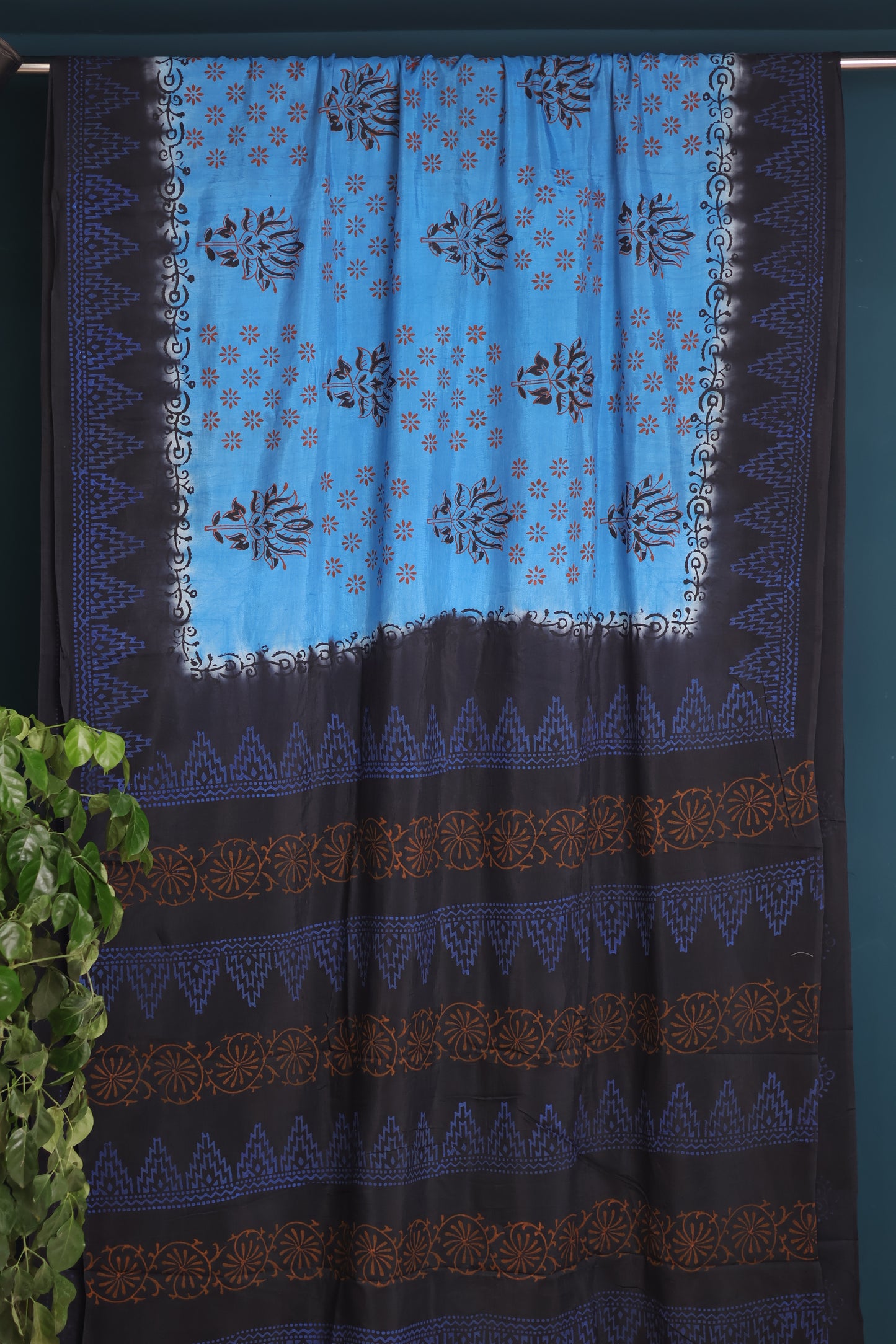 Blue Hand dyeing premium chennur silk with block prints saree