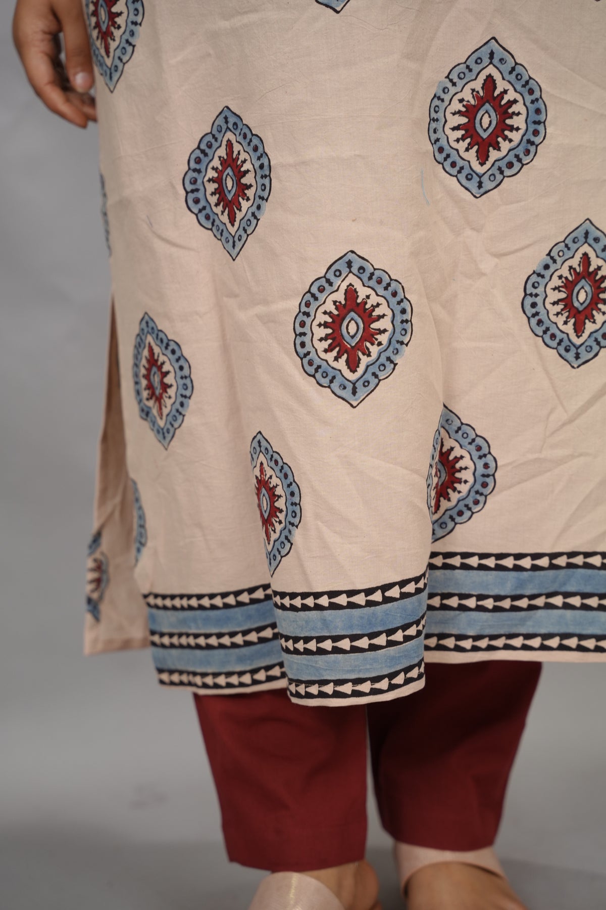 Cream Ajrakh Pattern Hand Block printed Kurti | Looms & Tassels