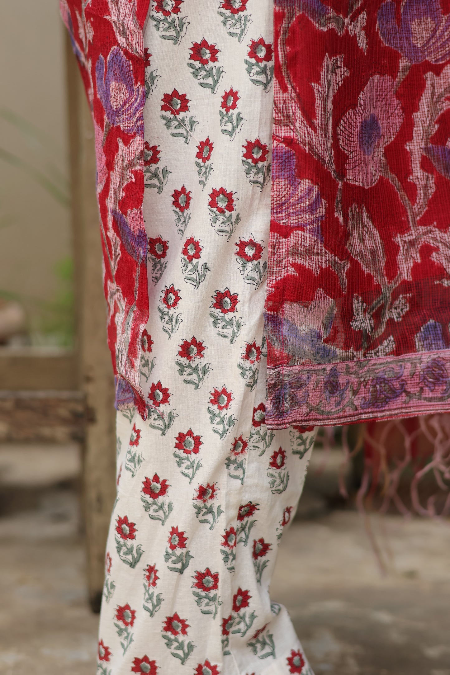 Red Handblock printed kota 3 piece suit (stitched)