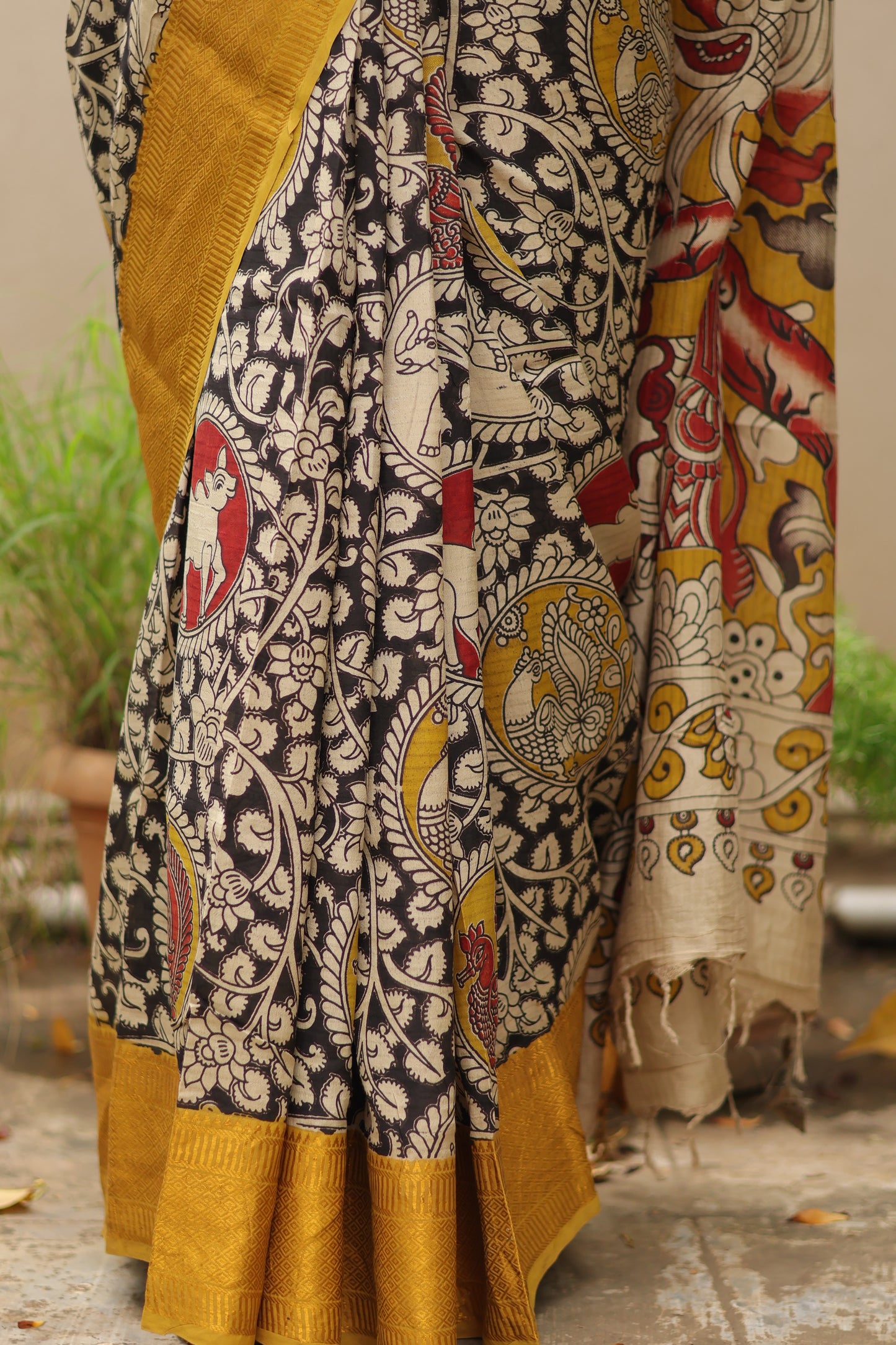 Black Kanchi border Kalamkari chennur silk saree