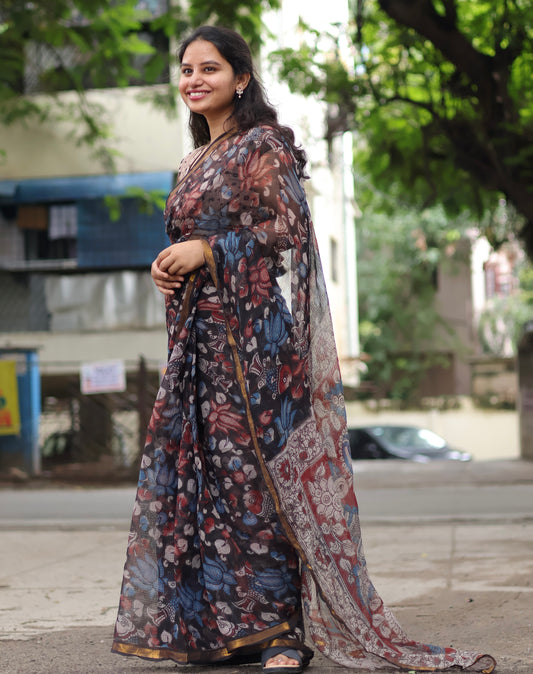 Black Kalamkari printed Kota Doriya Saree