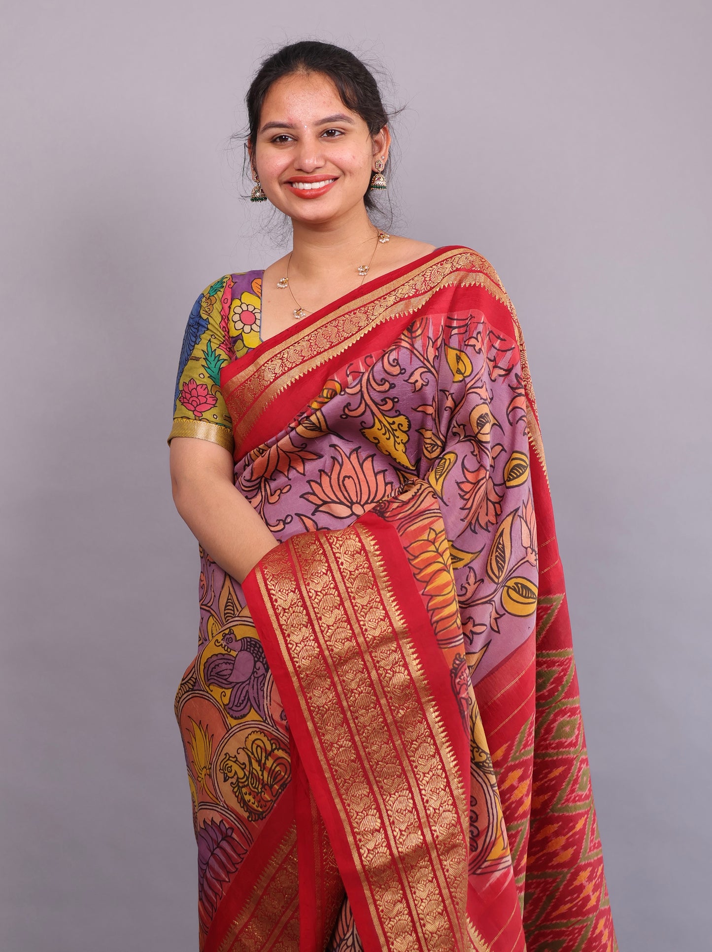 Lavender Kanchi Pattu Hand Painted Pen Kalamkari Saree