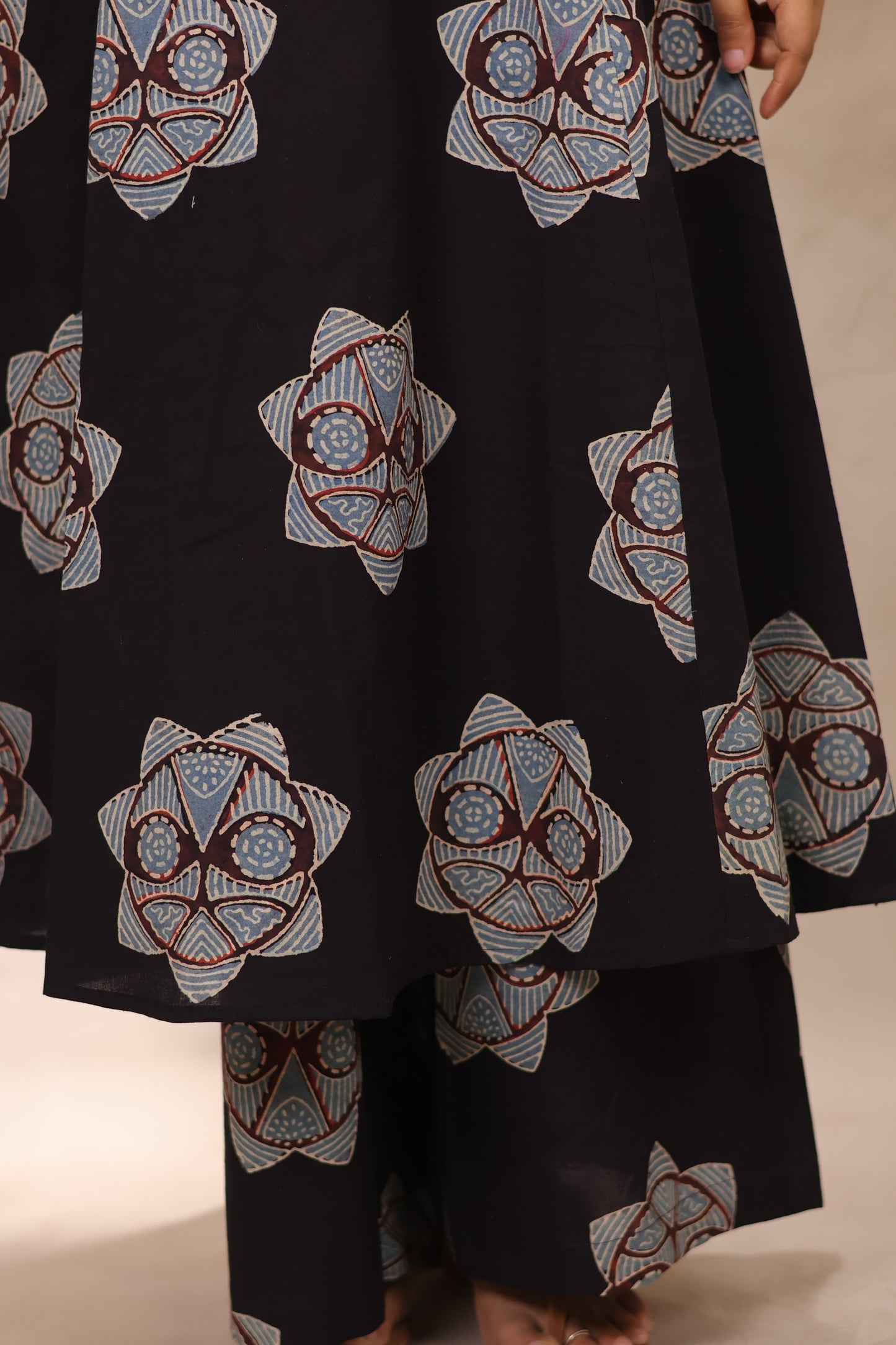Black Ajrakh Handblock Printed Kali Kurti Co-ord Set (Pure Cotton ) | Looms & Tassels