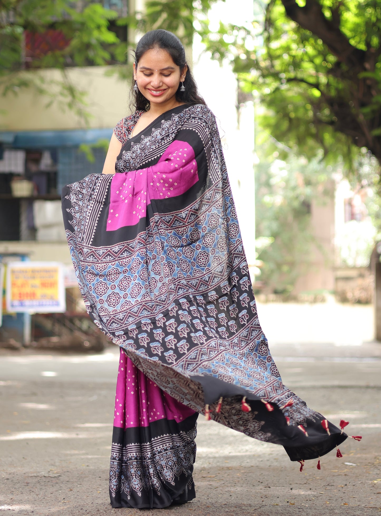 Ajrakh Bandhej Modal Silk Saree