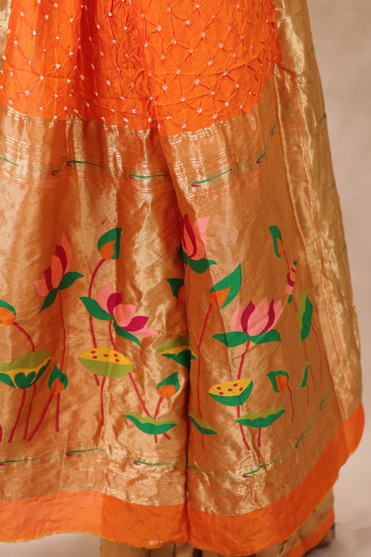 Orange Handcrafted Bandhani Paithani Dola Silk Saree | Looms & Tassels
