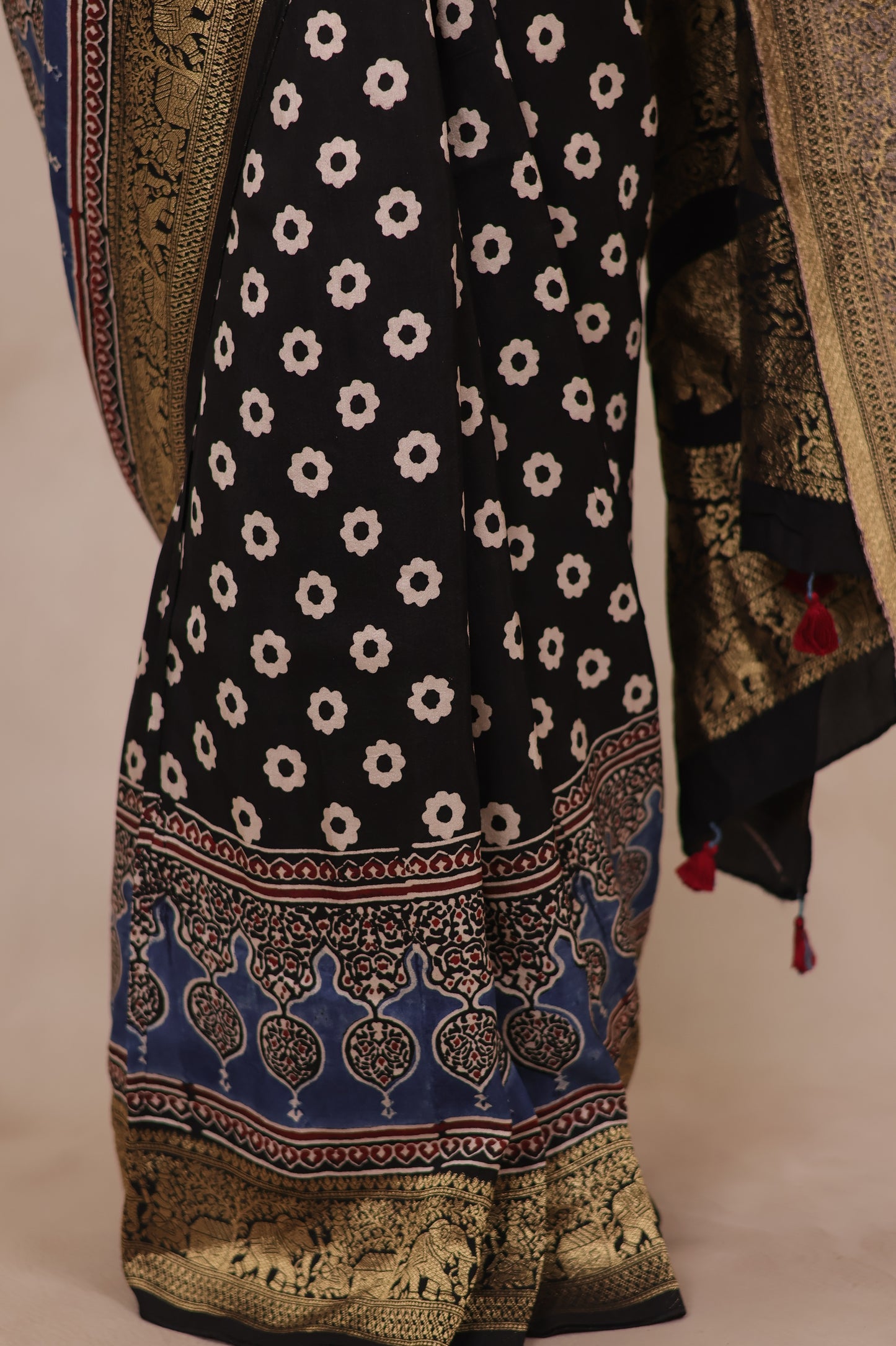 Black Ajrakh Handblock printed Dola Silk Saree | Looms & Tassels