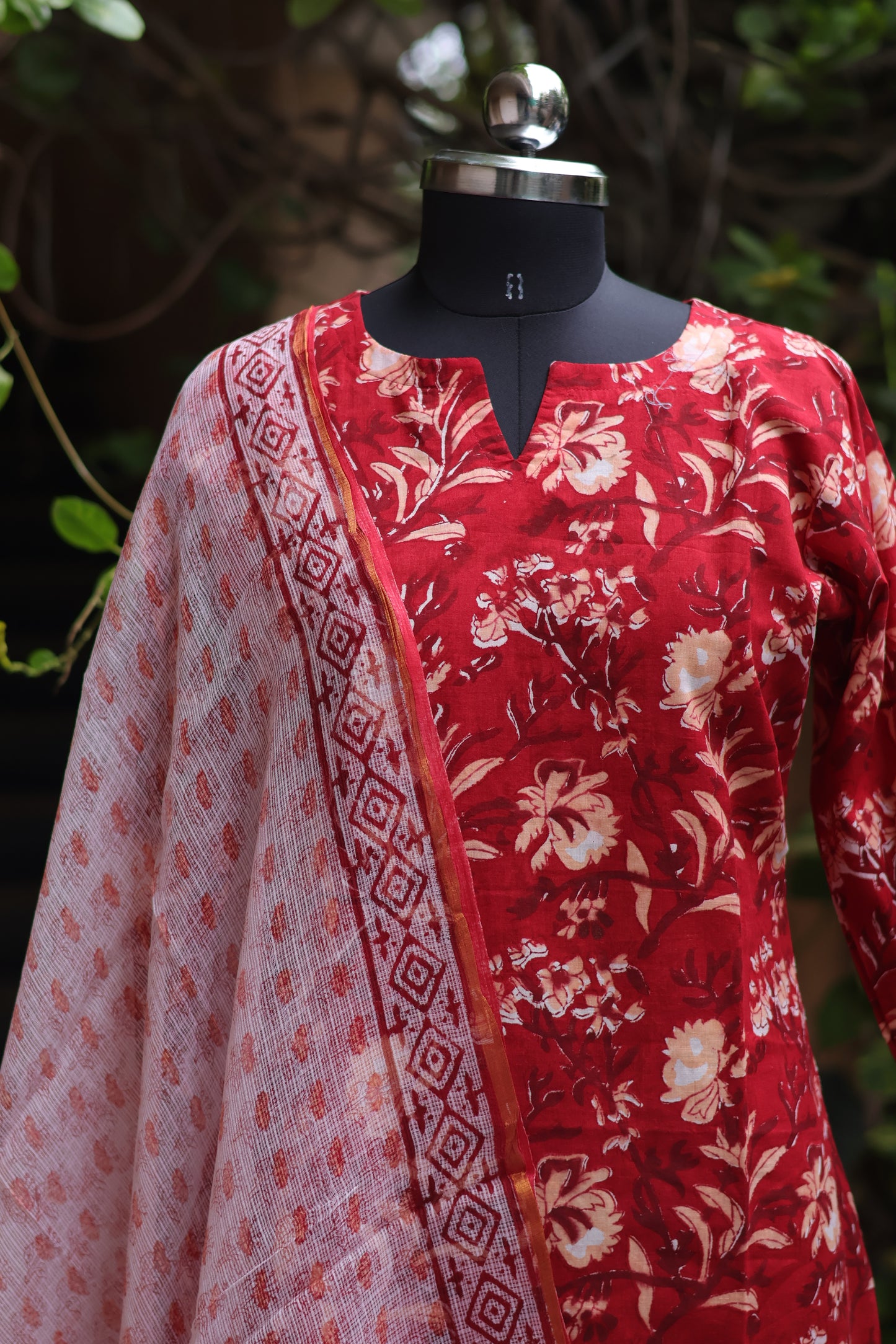 Red Handblock printed Pure Mul Cotton with Kota Doria Duppata 3 piece suit (stitched)