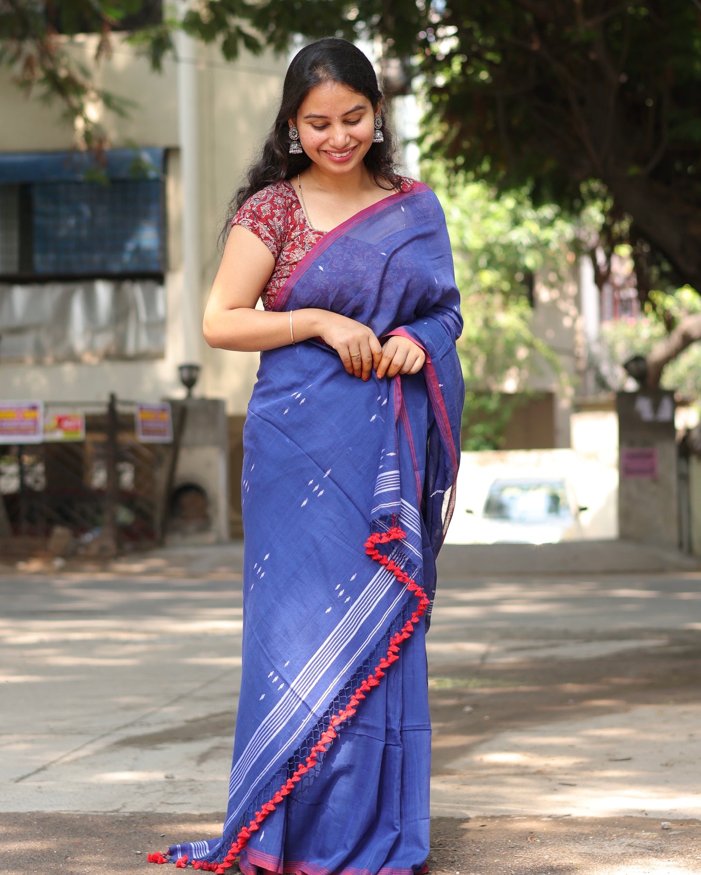 Blue Pure Handwoven Malai Cotton Saree with Butta Weaving