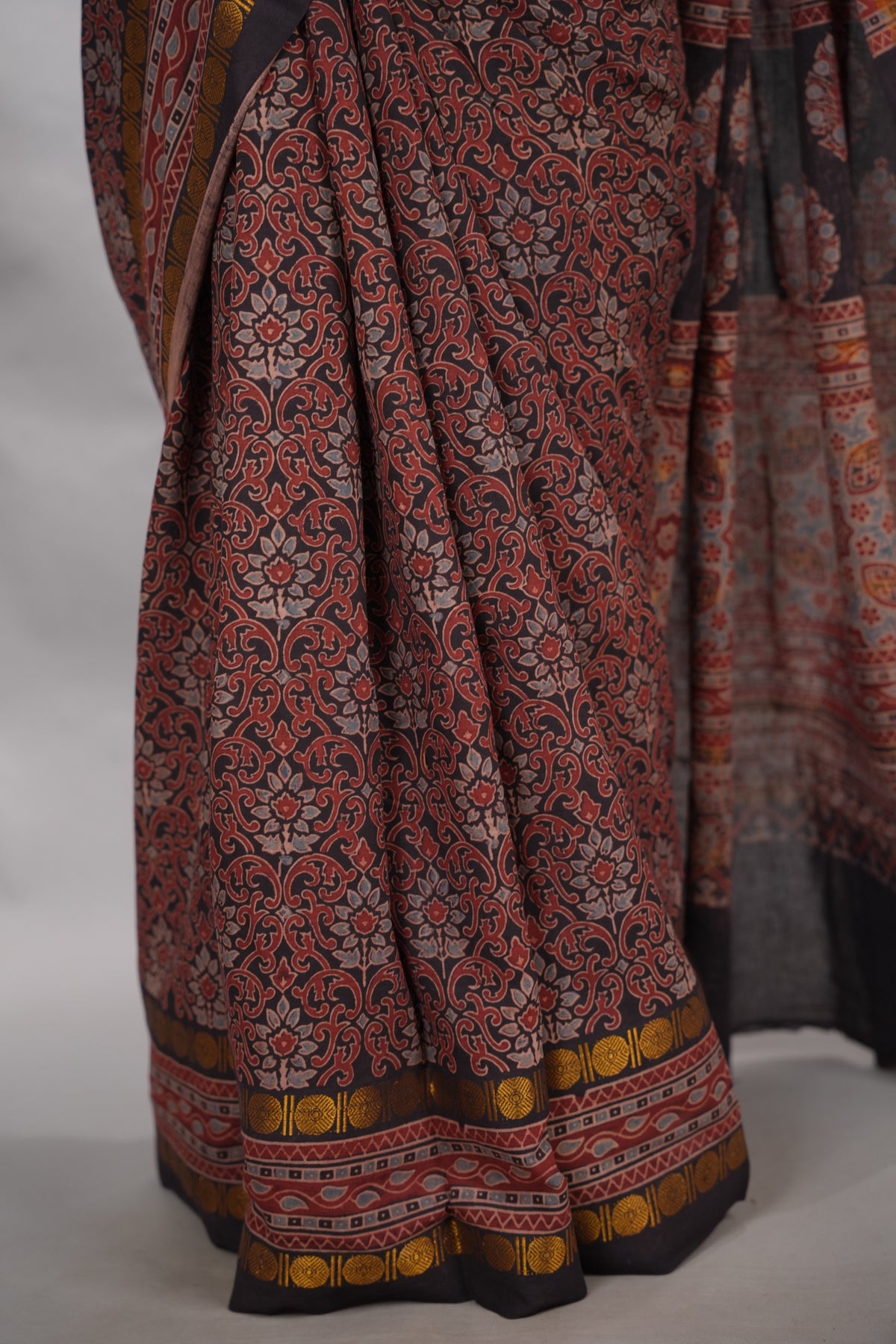 Black & Maroon Ajrakh Hand Block Printed Sungudi Cotton Saree | Looms & Tassels