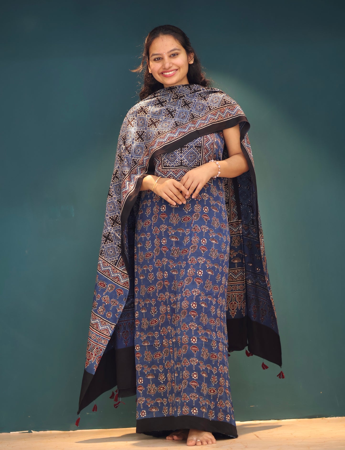 Indigo Handblock printed Ajrakh modal silk 2 piece suit set