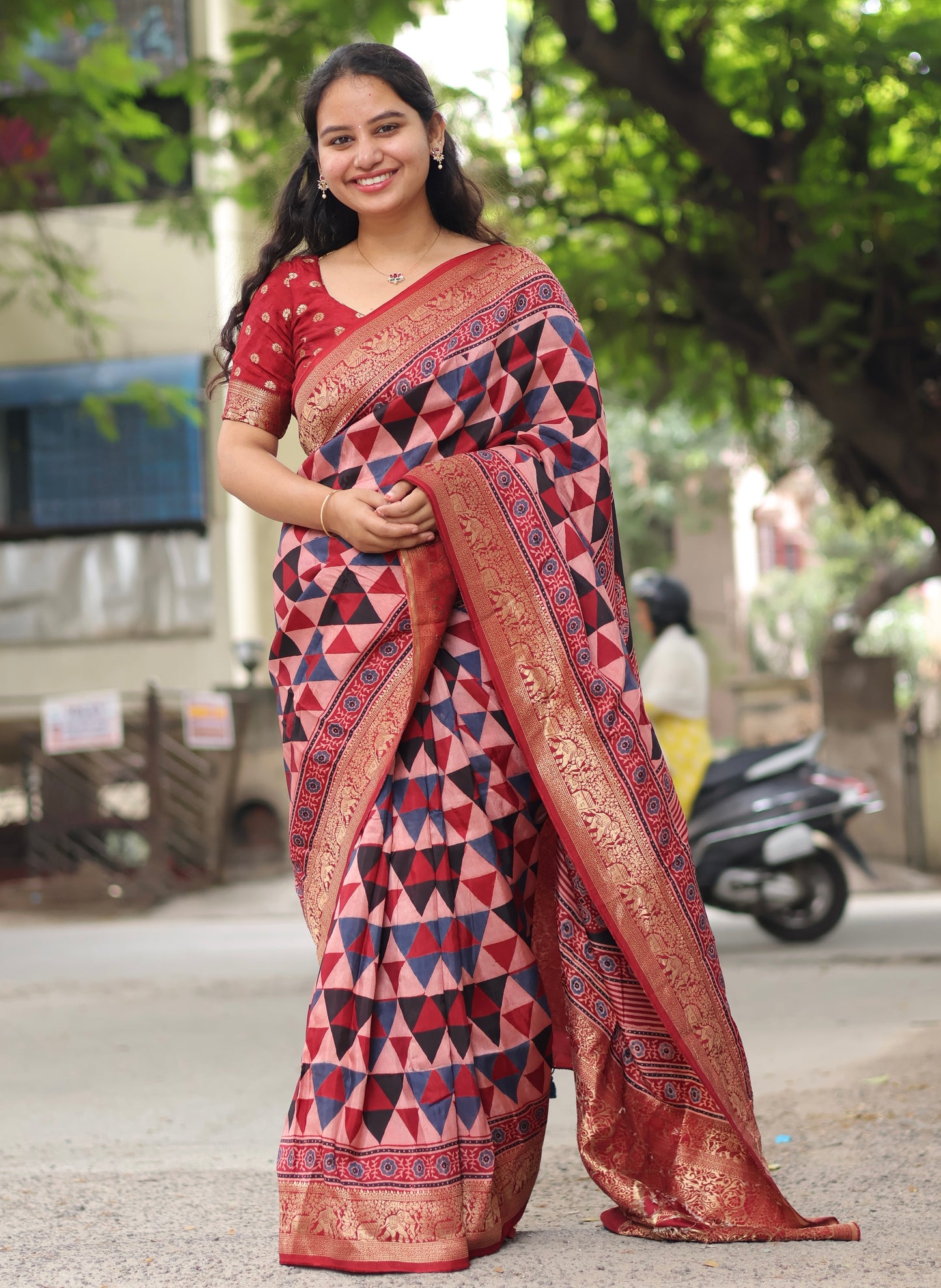 Red Contemporary Ajrakh Dola Silk Saree