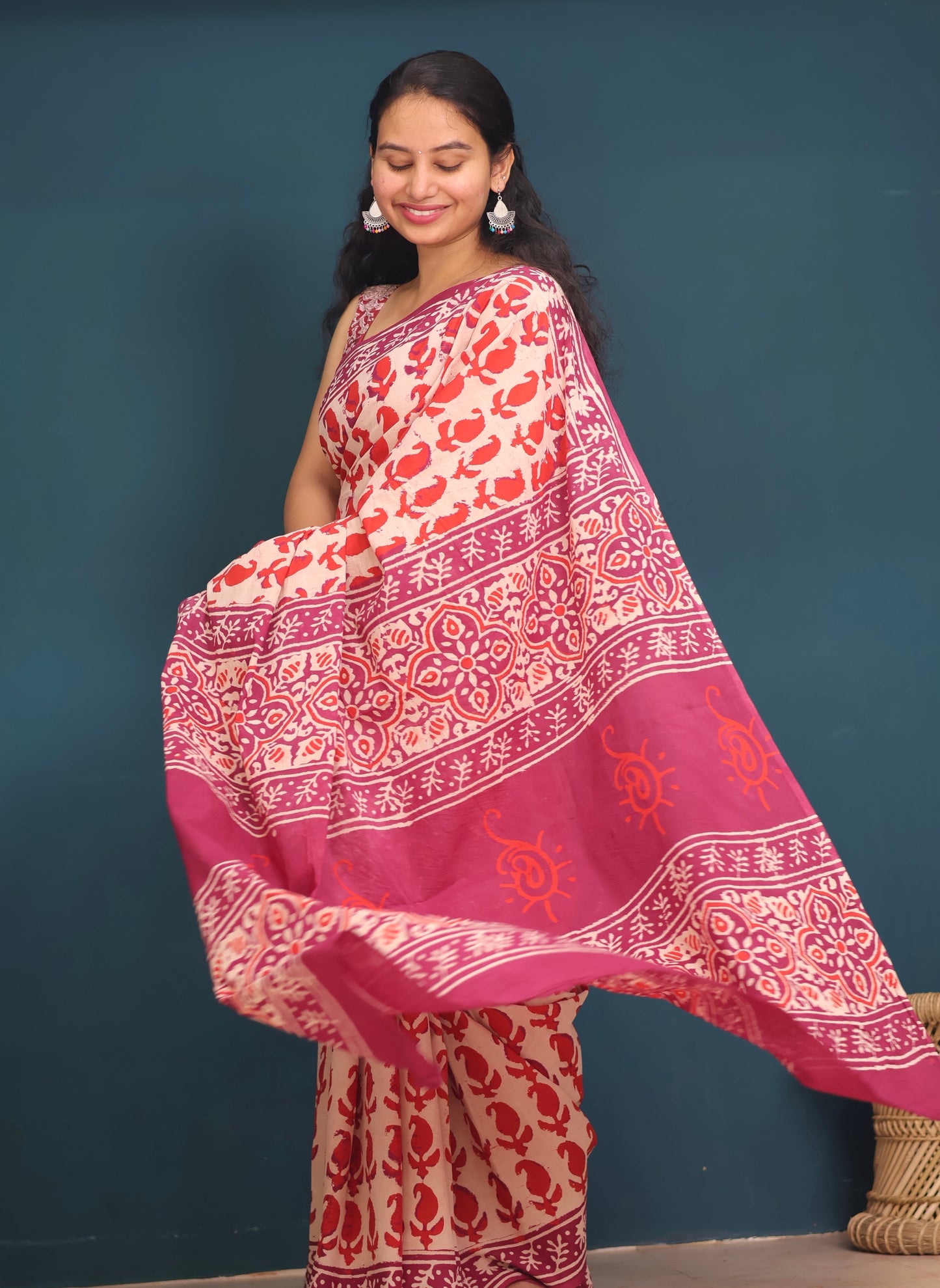 Bagru Handblock printed MulMul cotton saree