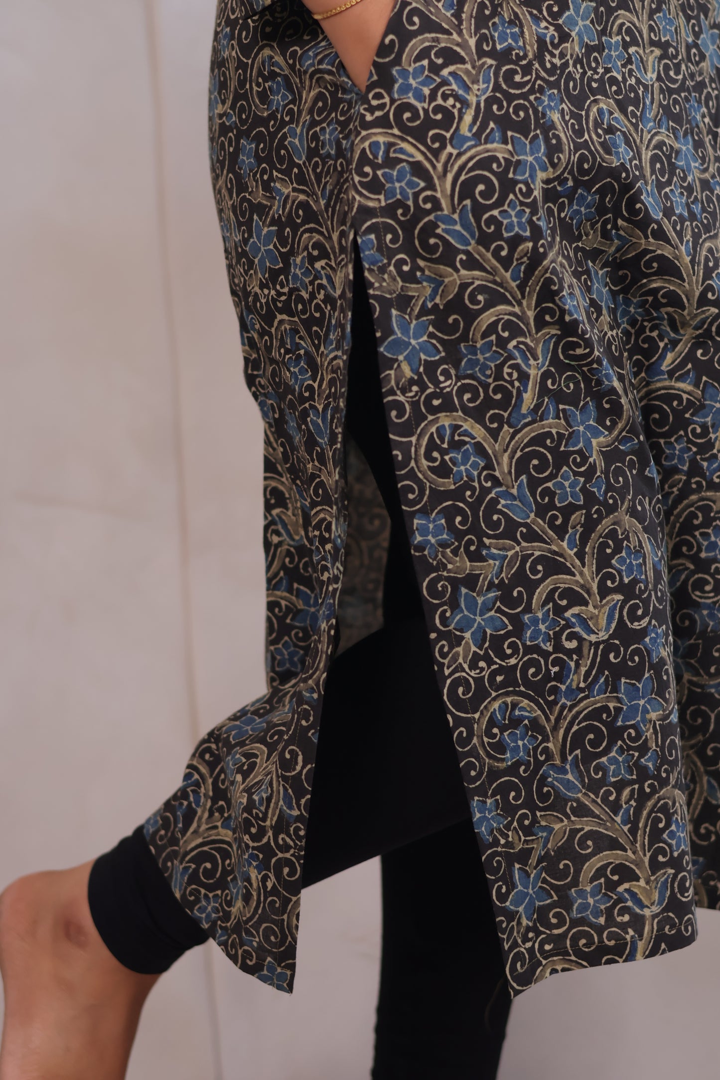 Grey Ajrakh Hand Block Printed Kurti | Looms & Tassels