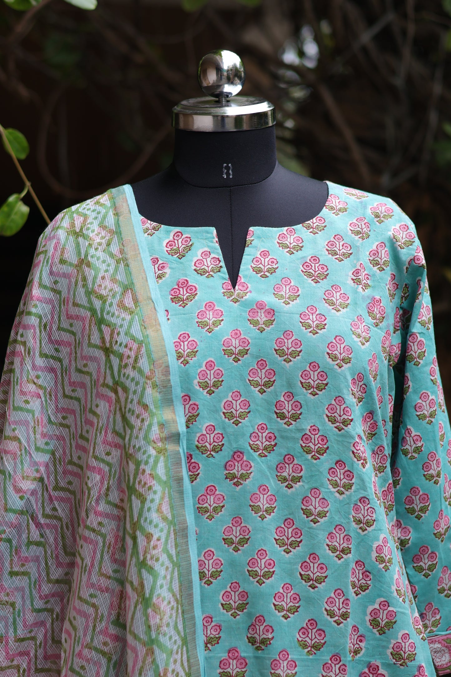 Pastel Handblock printed Pure Mul Cotton with Kota Doria Duppata 3 piece suit (stitched)