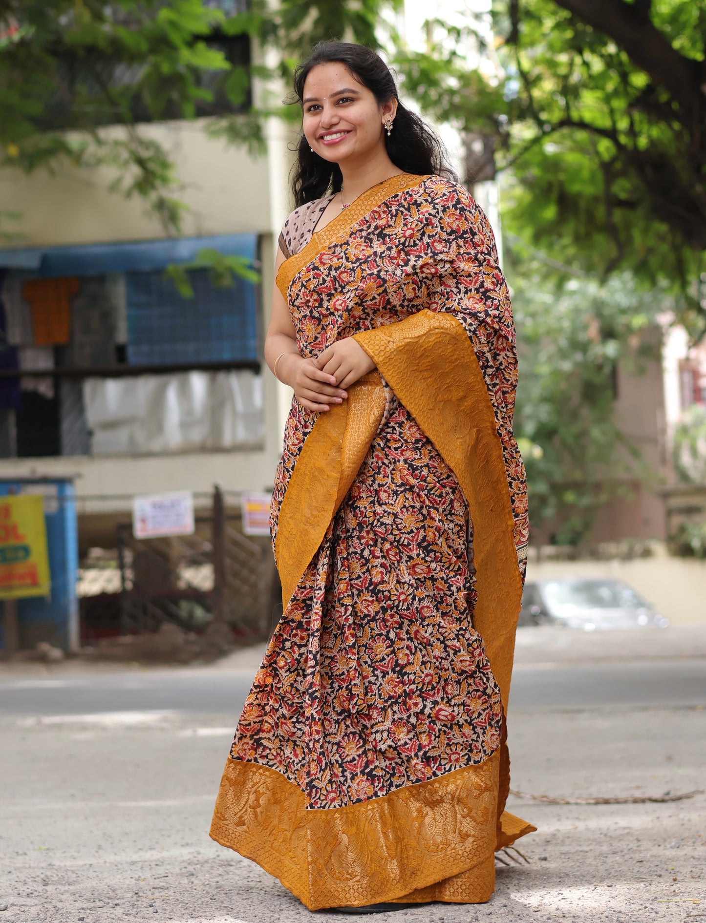 Black & Mustard Kuppadam Border Kalamkari Uppada Silk Saree