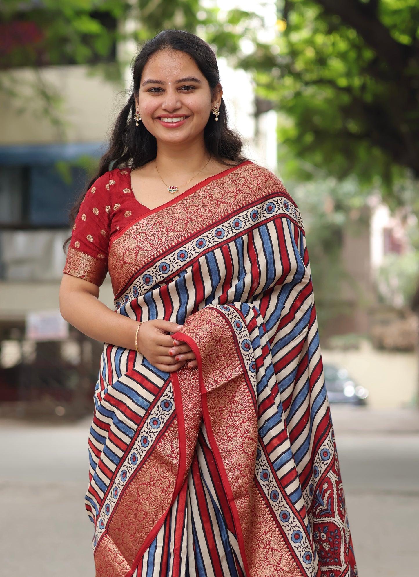 Stripes Ajrakh Dola Silk Saree