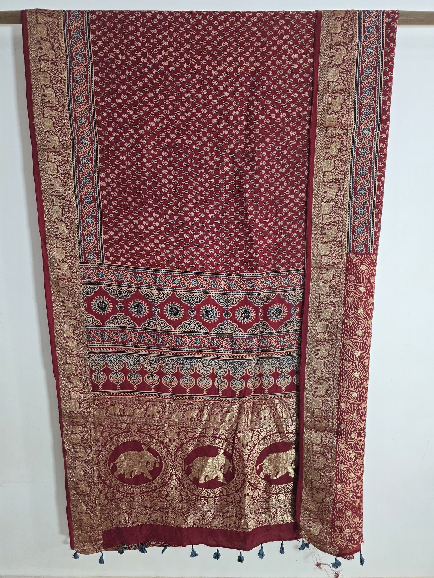 Maroon Ajrakh Dola Silk Saree
