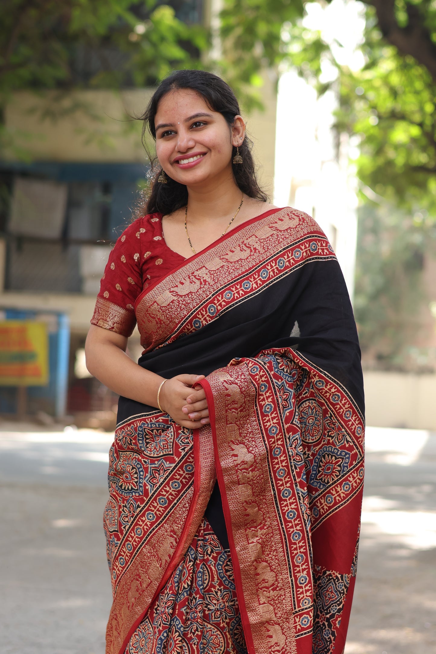 Black & Red Ajrakh Dola Silk Saree