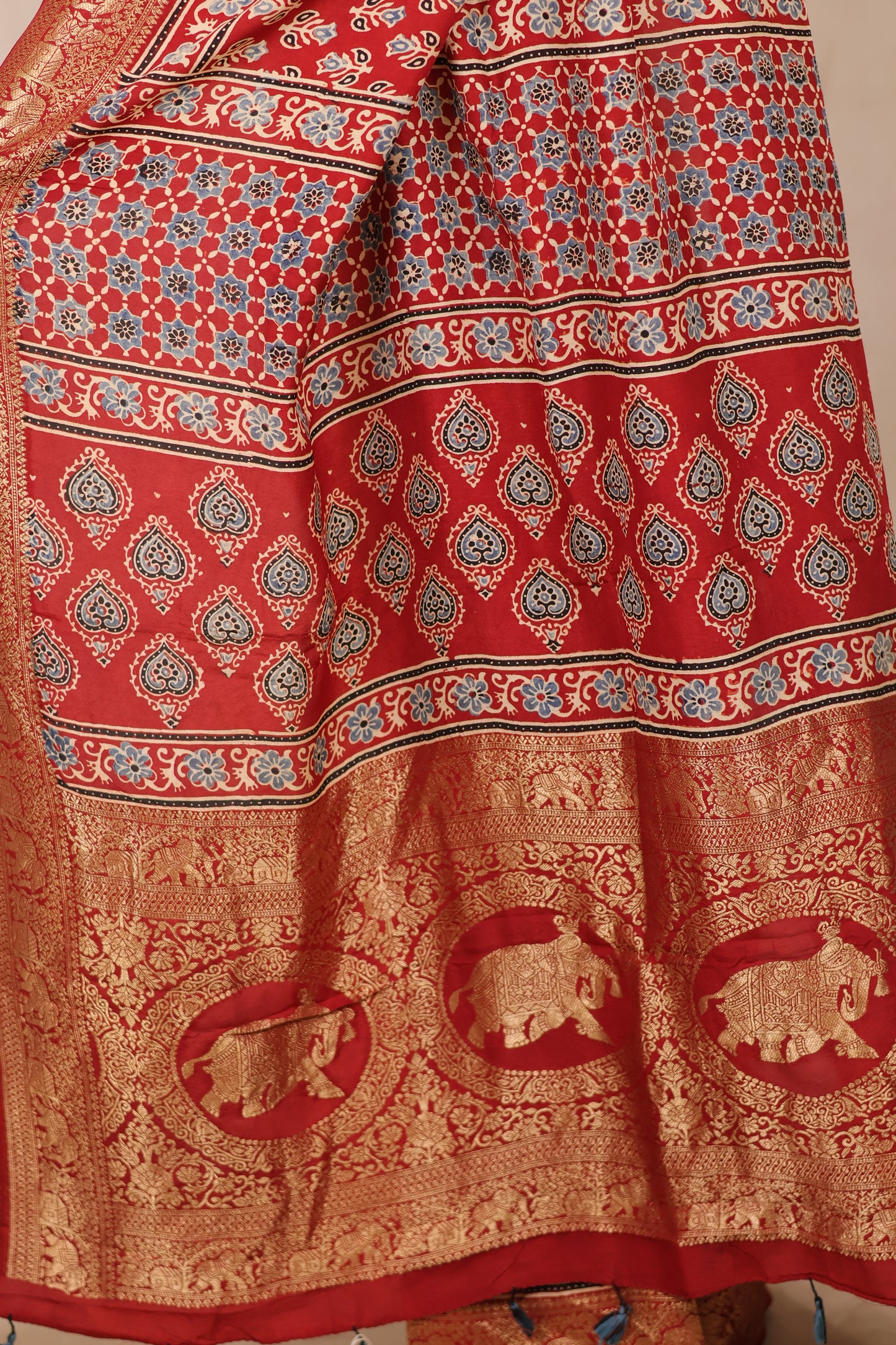 Red Ajrakh Handblock printed Dola Silk Saree | Looms & Tassels