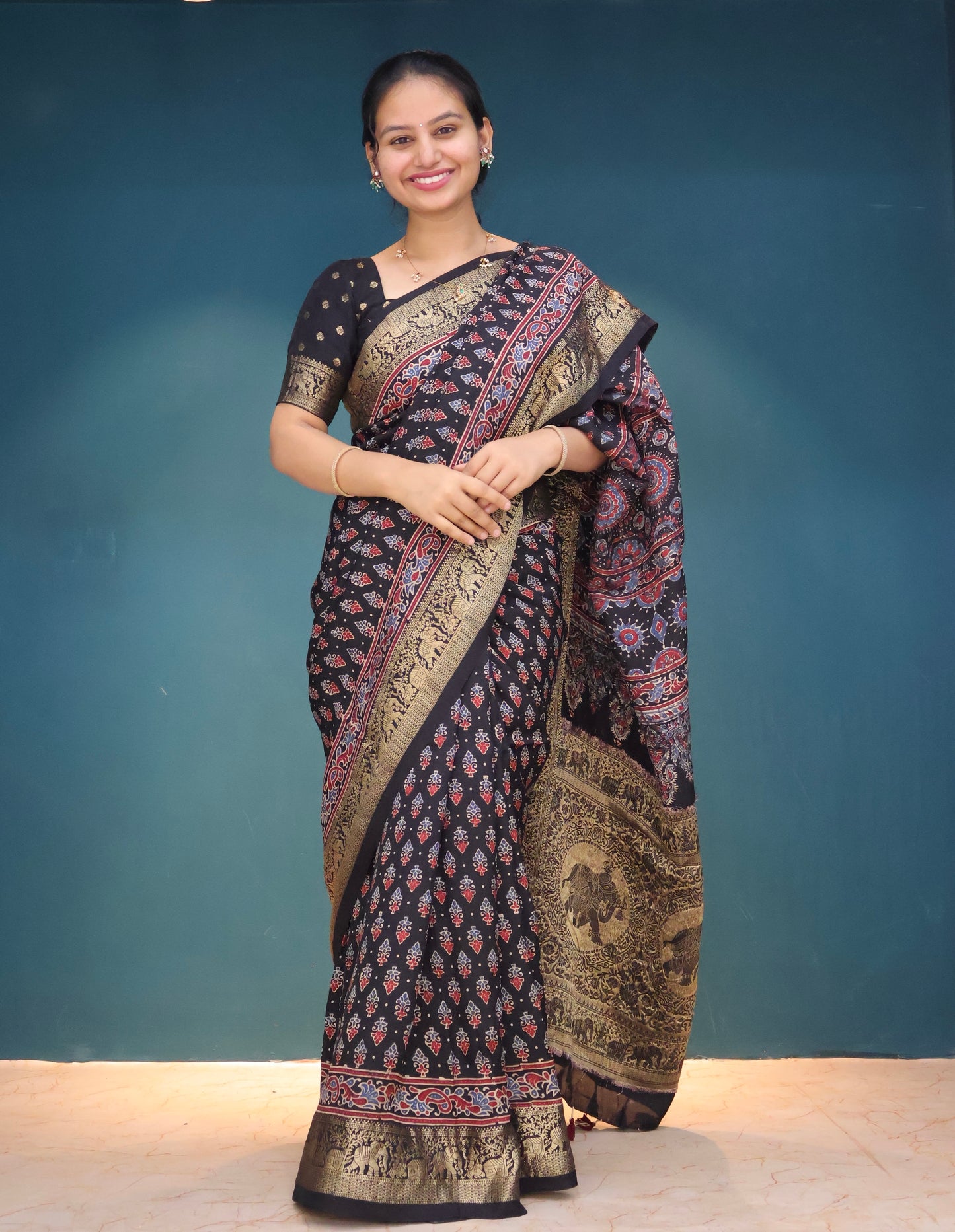 Black Ajrakh Dola Silk Saree