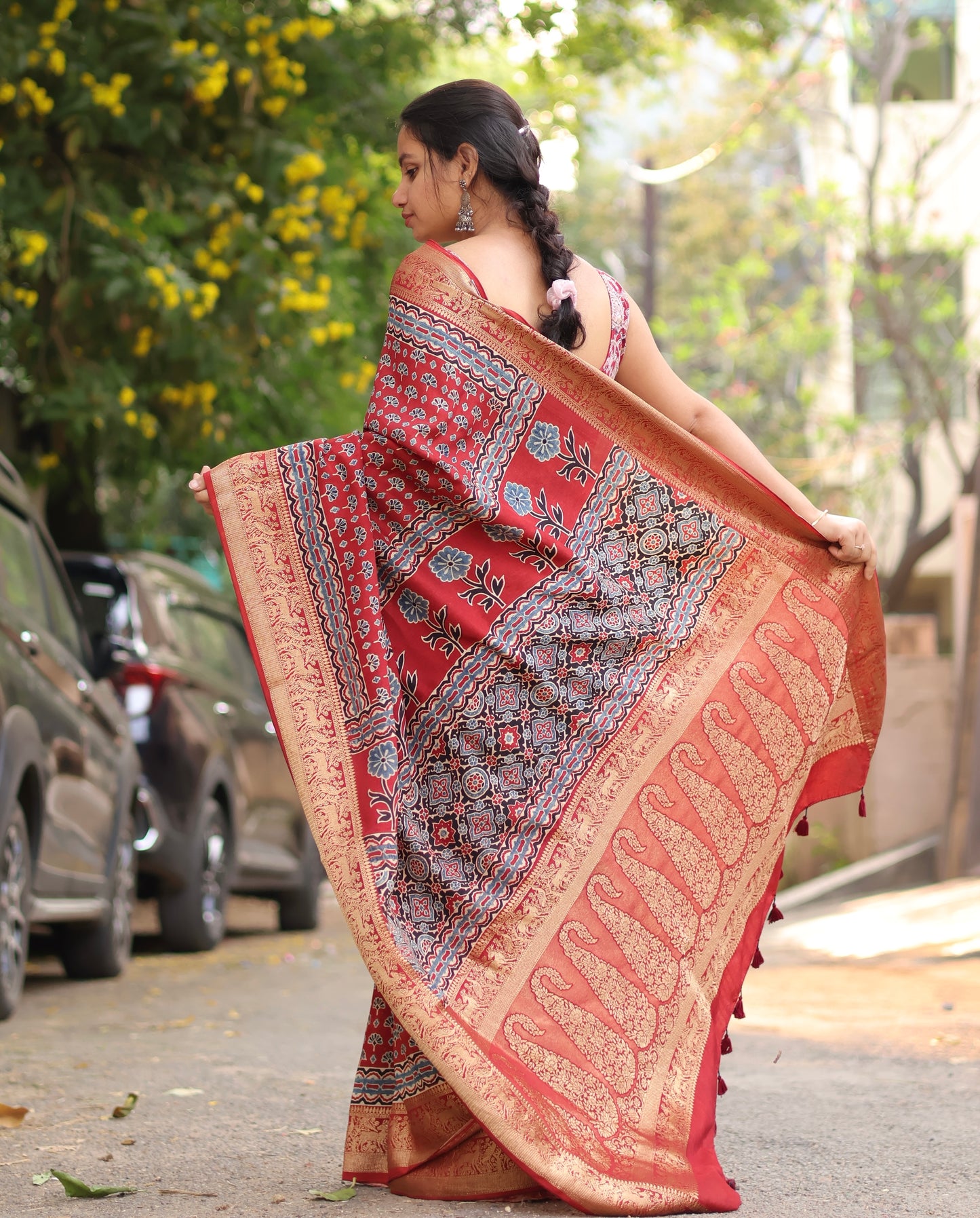 Red Ajrakh Dola Silk Saree