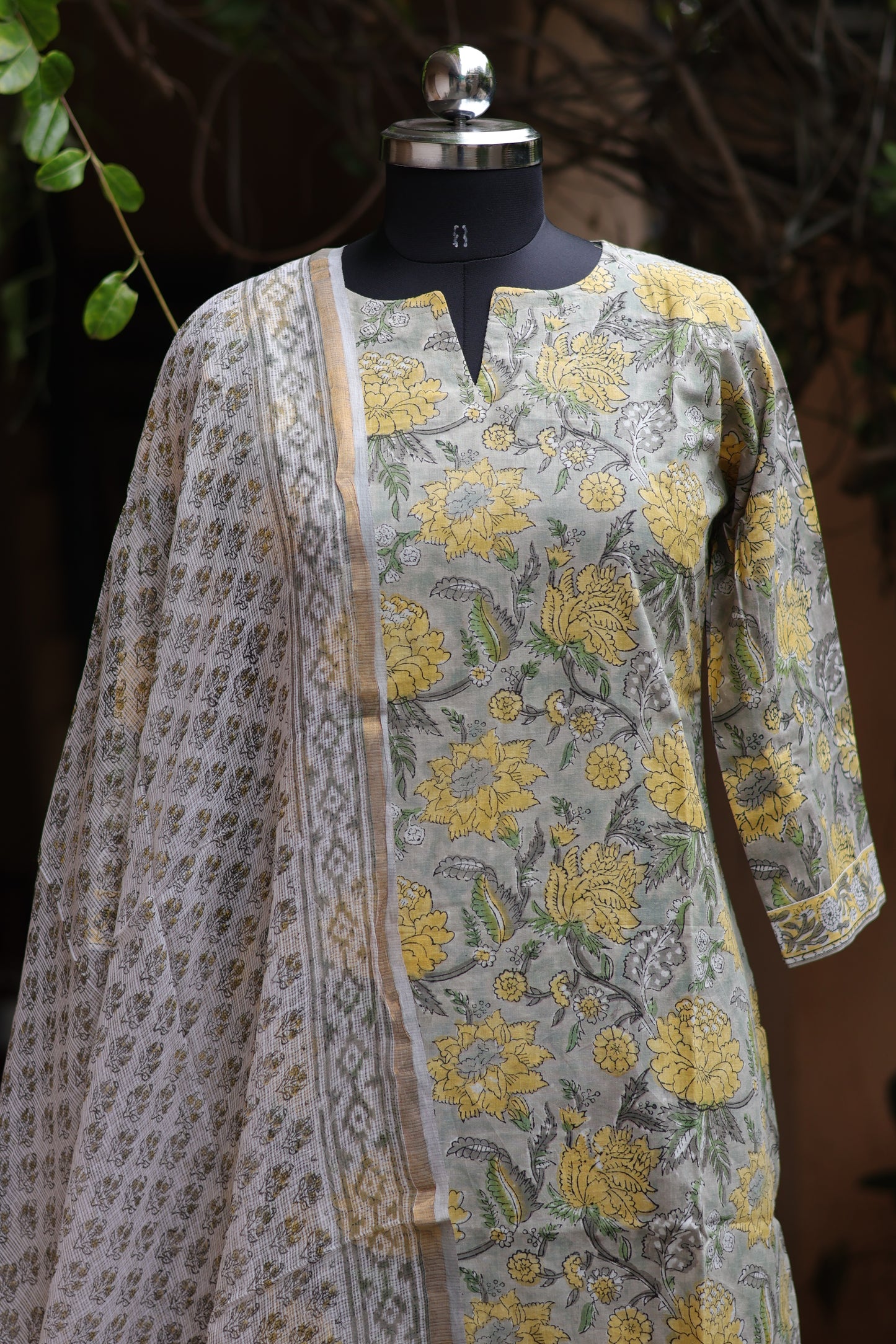 Grey Handblock printed Pure Mul Cotton with Kota Doria Duppata 3 piece suit (stitched)