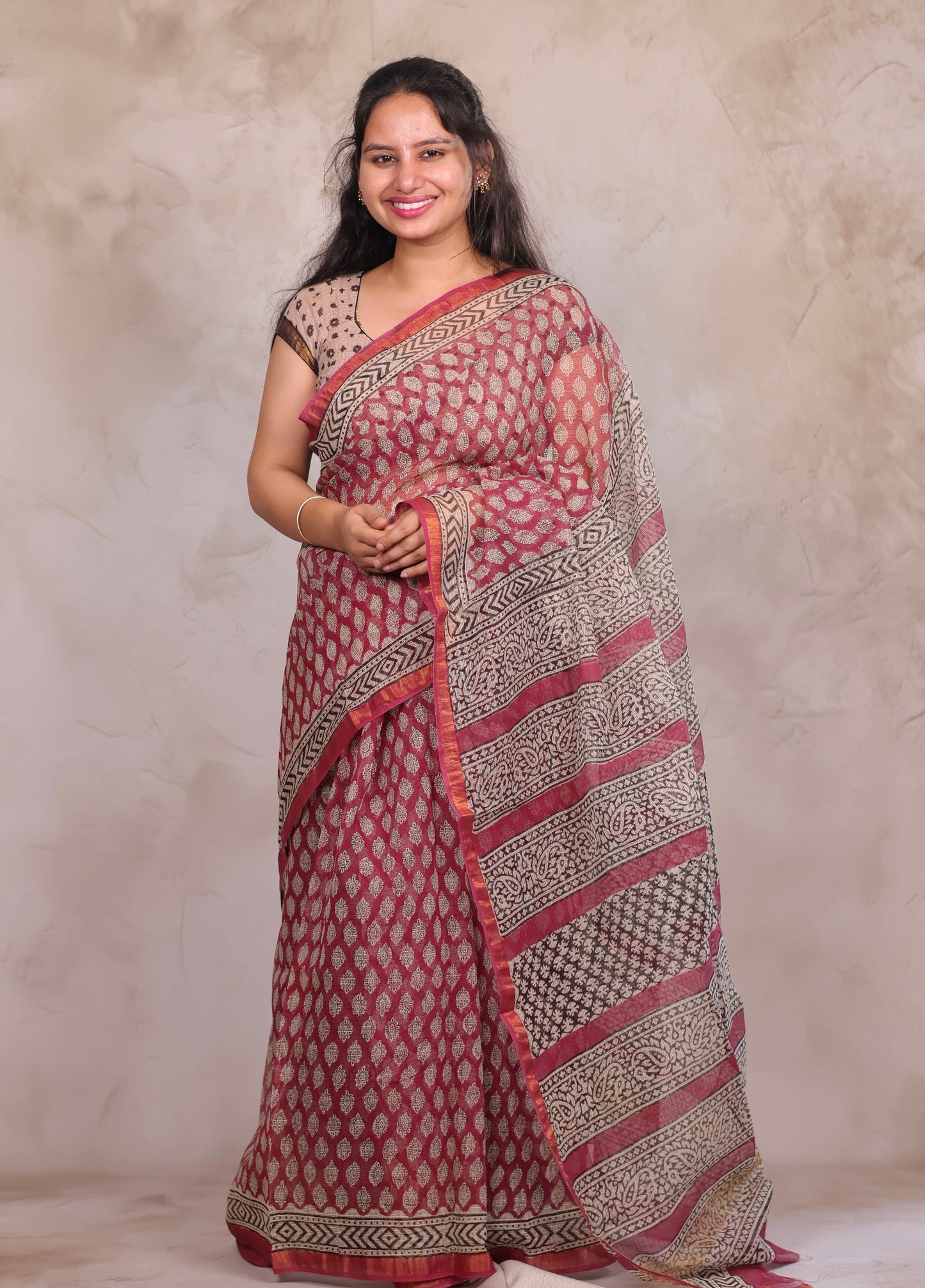 Onion Pink Pure Kota Doria Saree with Bagru Handblock Prints | Looms & Tassels