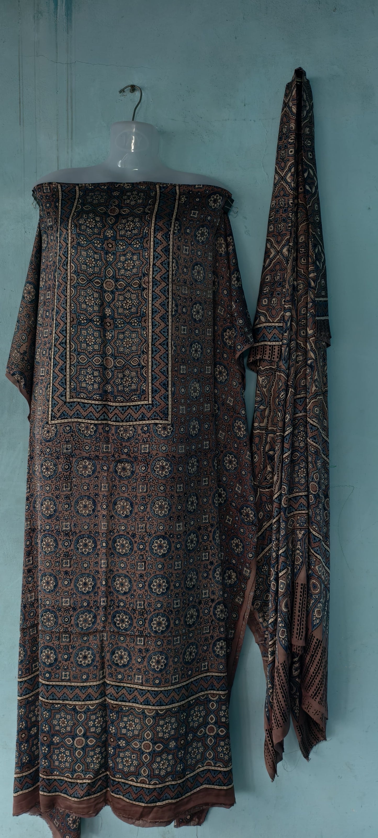 Handblock printed Ajrakh modal silk 2 piece suit set