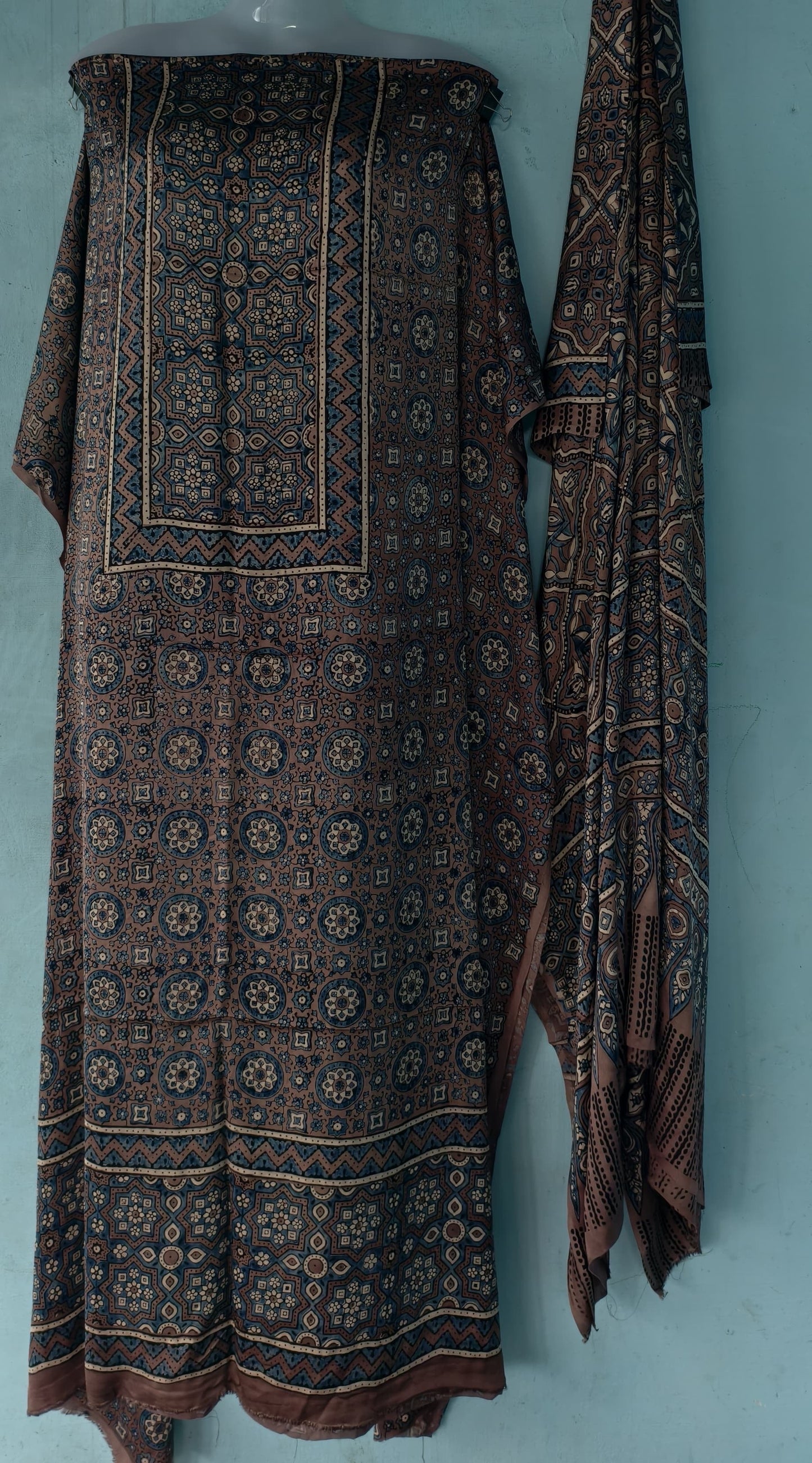 Dark Grey Traditional Ajrakh Handblock Printed Modal Silk 2 Piece Suit set