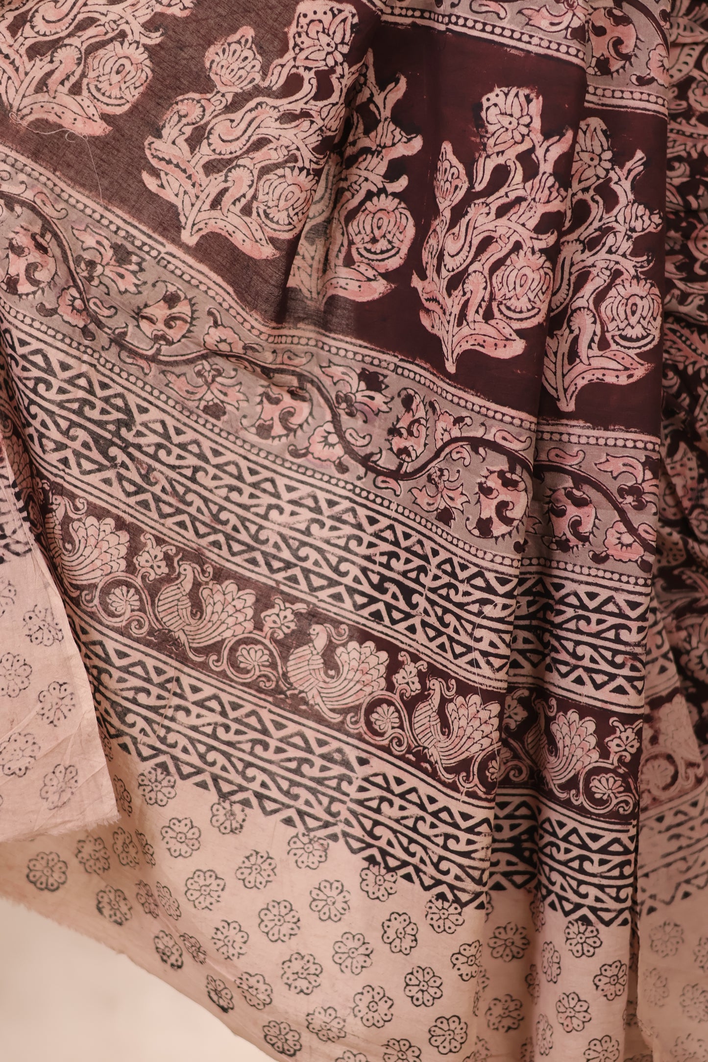 Deep Maroon Hand Block Printed Kalamkari Cotton Saree | Looms & Tassels
