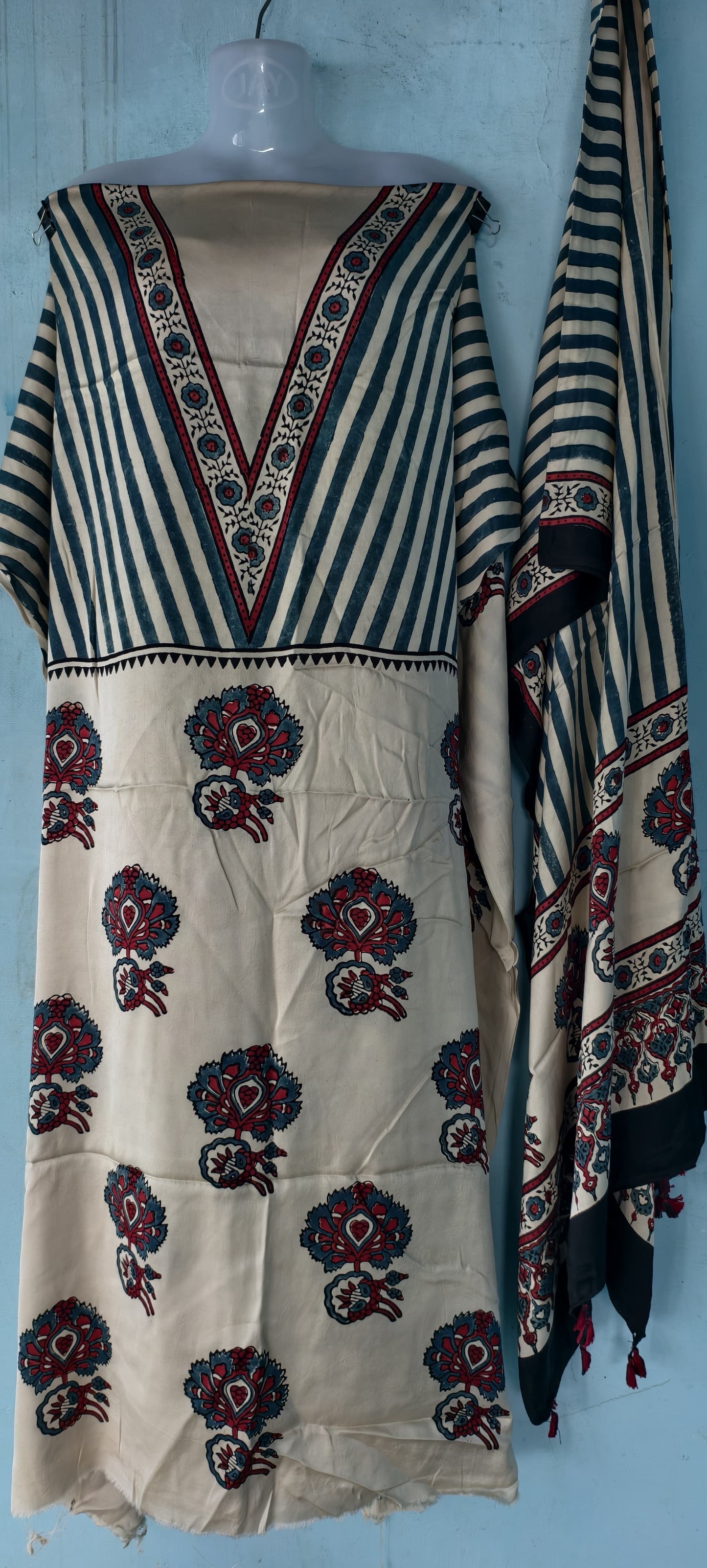 Handblock printed Ajrakh modal silk 2 piece suit set