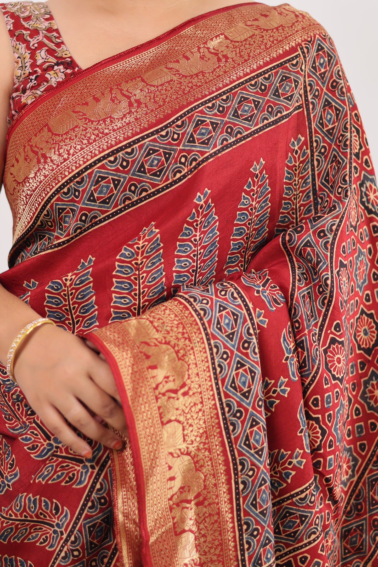 Red Asopalav Ajrakh Handblock Printed Dola Silk Saree