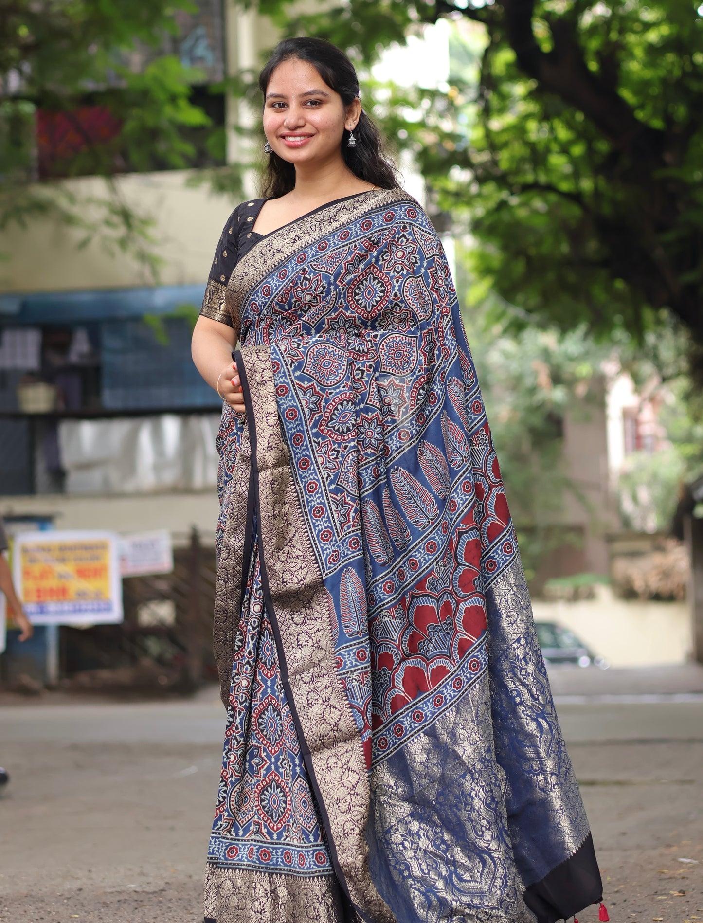 Indigo Ajrakh Dola Silk Saree