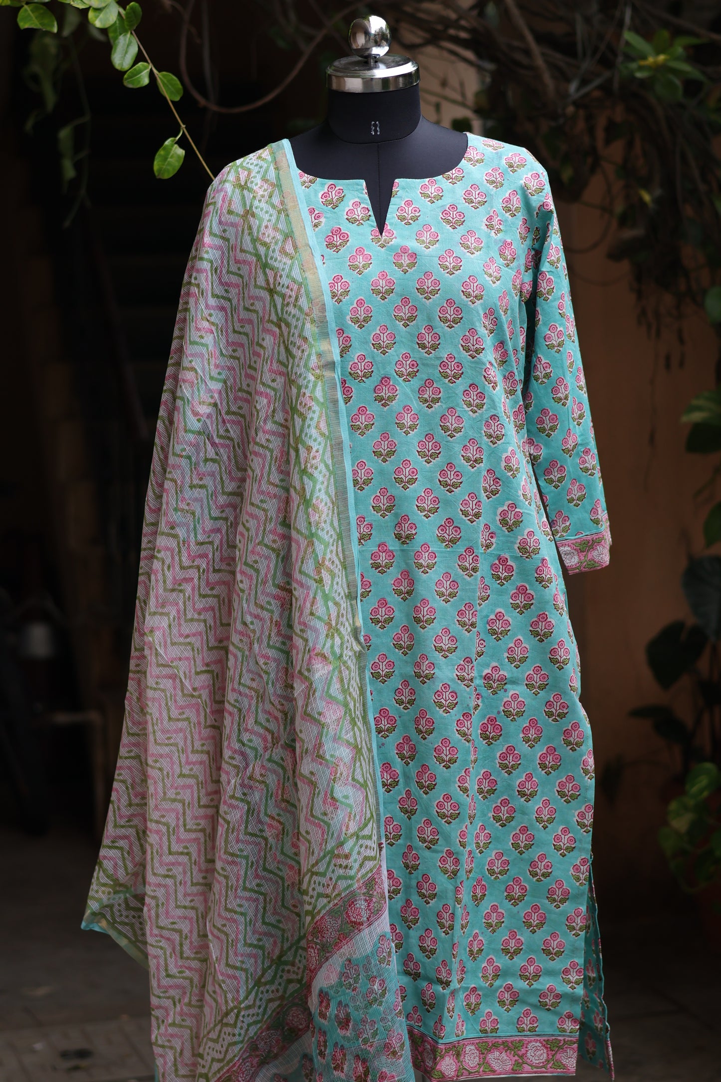 Pastel Handblock printed Pure Mul Cotton with Kota Doria Duppata 3 piece suit (stitched)