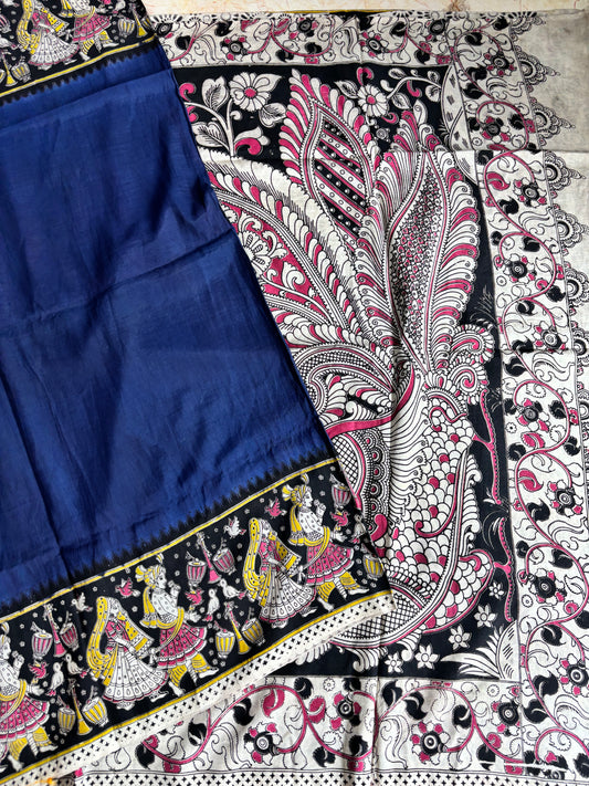 Blue & black Kalamkari dyeing premium chennur silk saree
